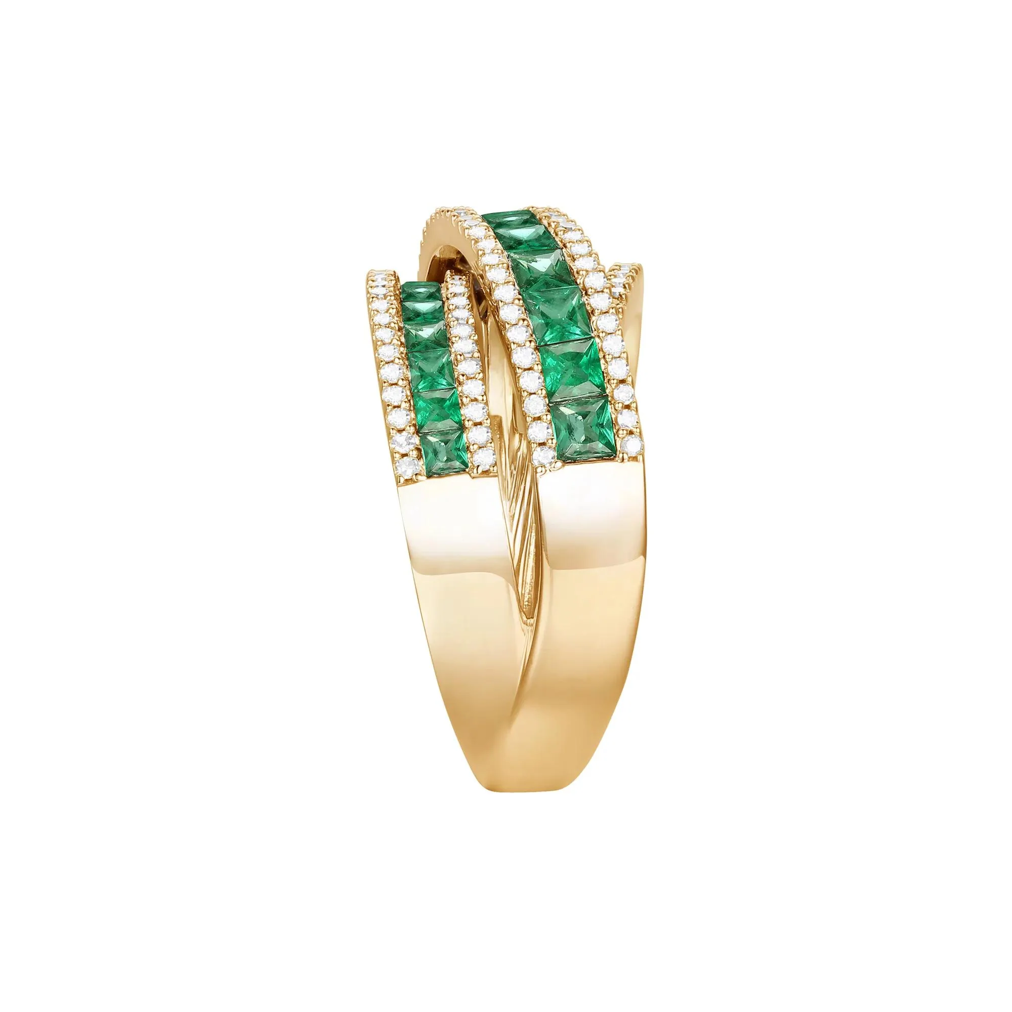 1/2 CT. Tw. Emerald and Diamond Crossover Ring 10K Yellow Gold Size 6 1mm - Image 3