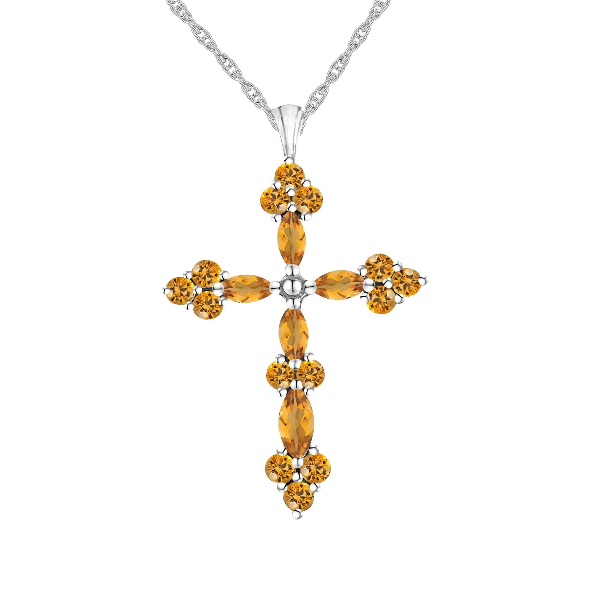 Citrine Cross Pendant Necklace .925 Sterling Silver White Size 18"