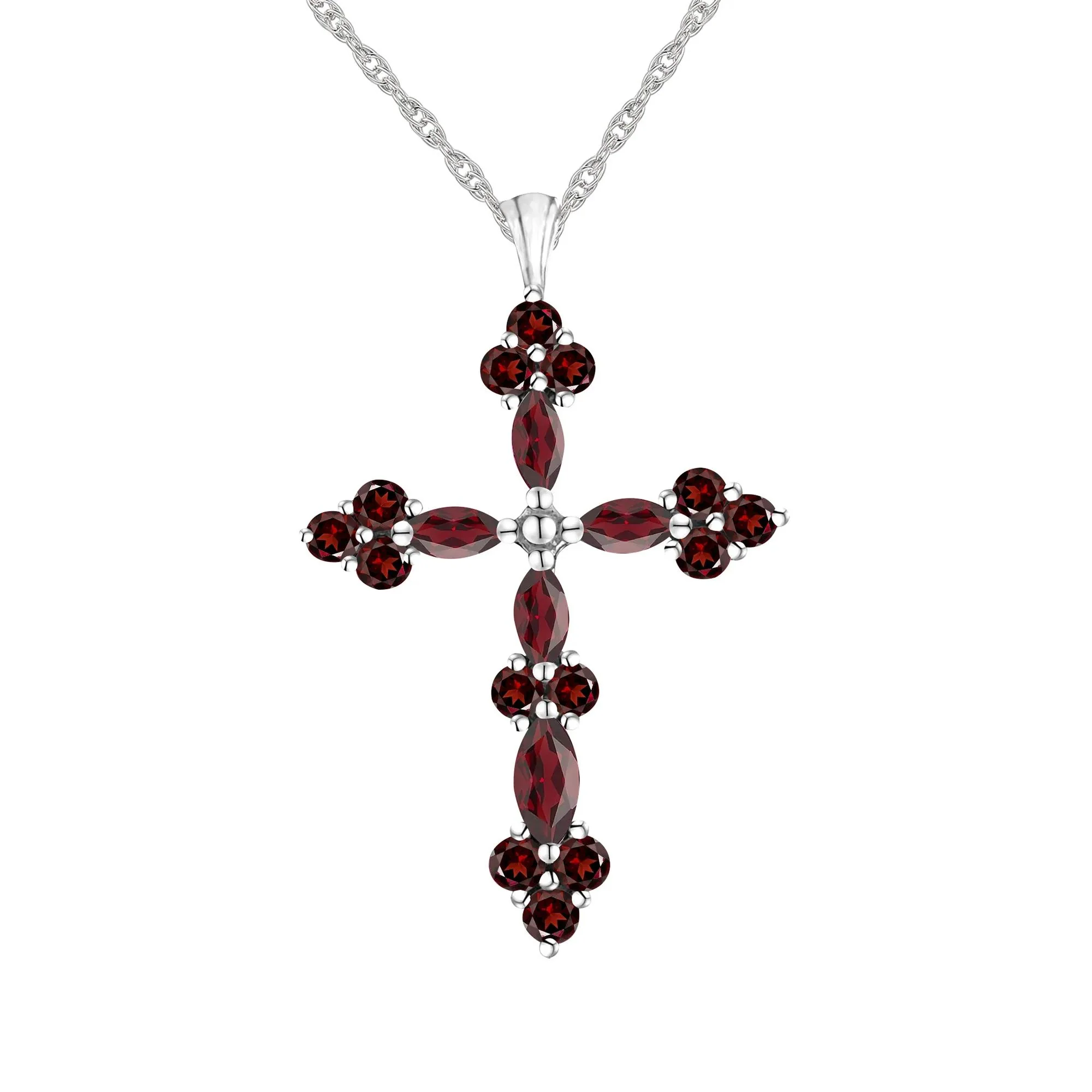 Garnet Cross Pendant Necklace .925 Sterling Silver White Size 18"