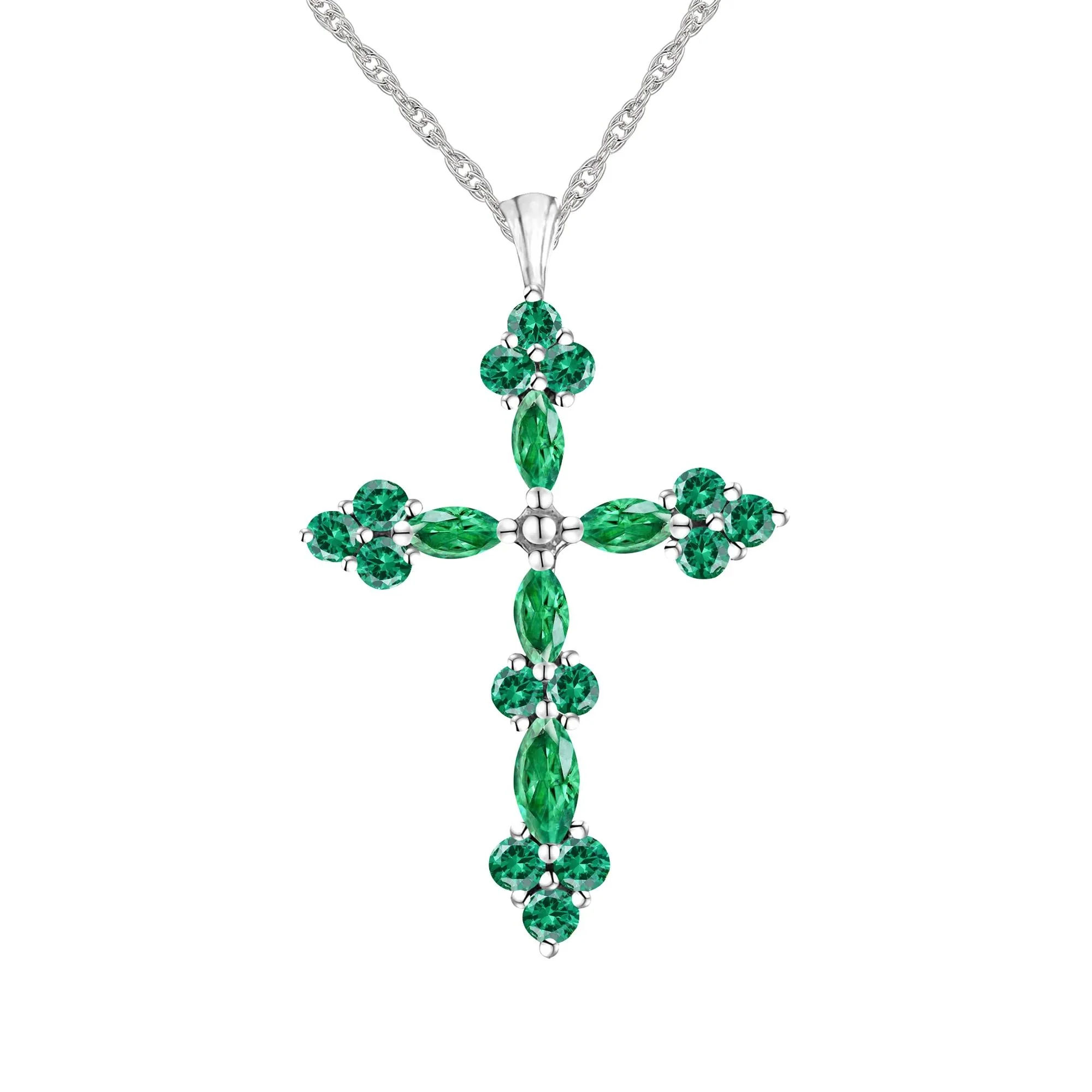 Lab-Created Emerald Cross Pendant Necklace .925 Sterling Silver White Size 18"