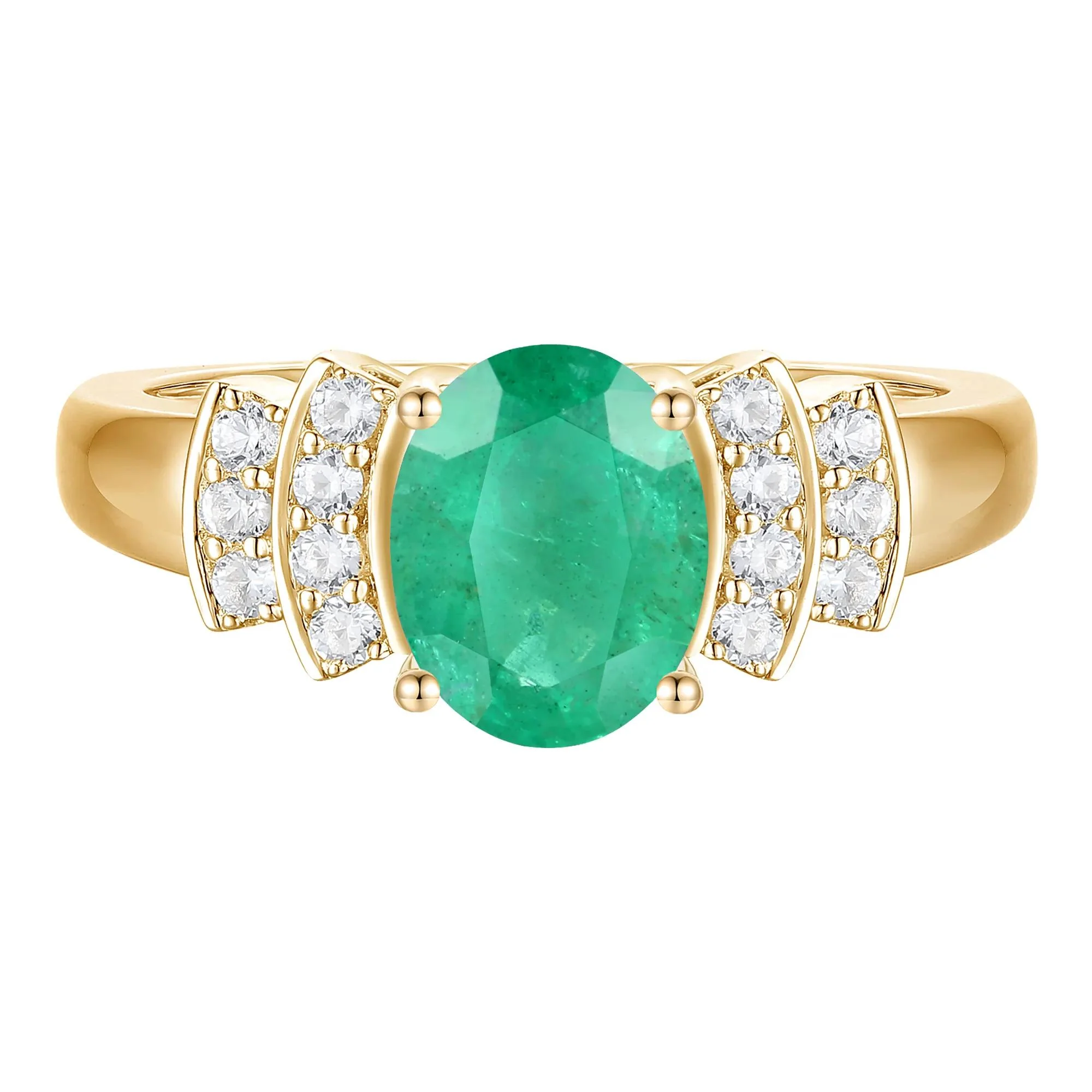 1/5 CT. Tw. Emerald and Diamond Ring 14K Yellow Gold Round Brilliant Cut Size 7 1mm