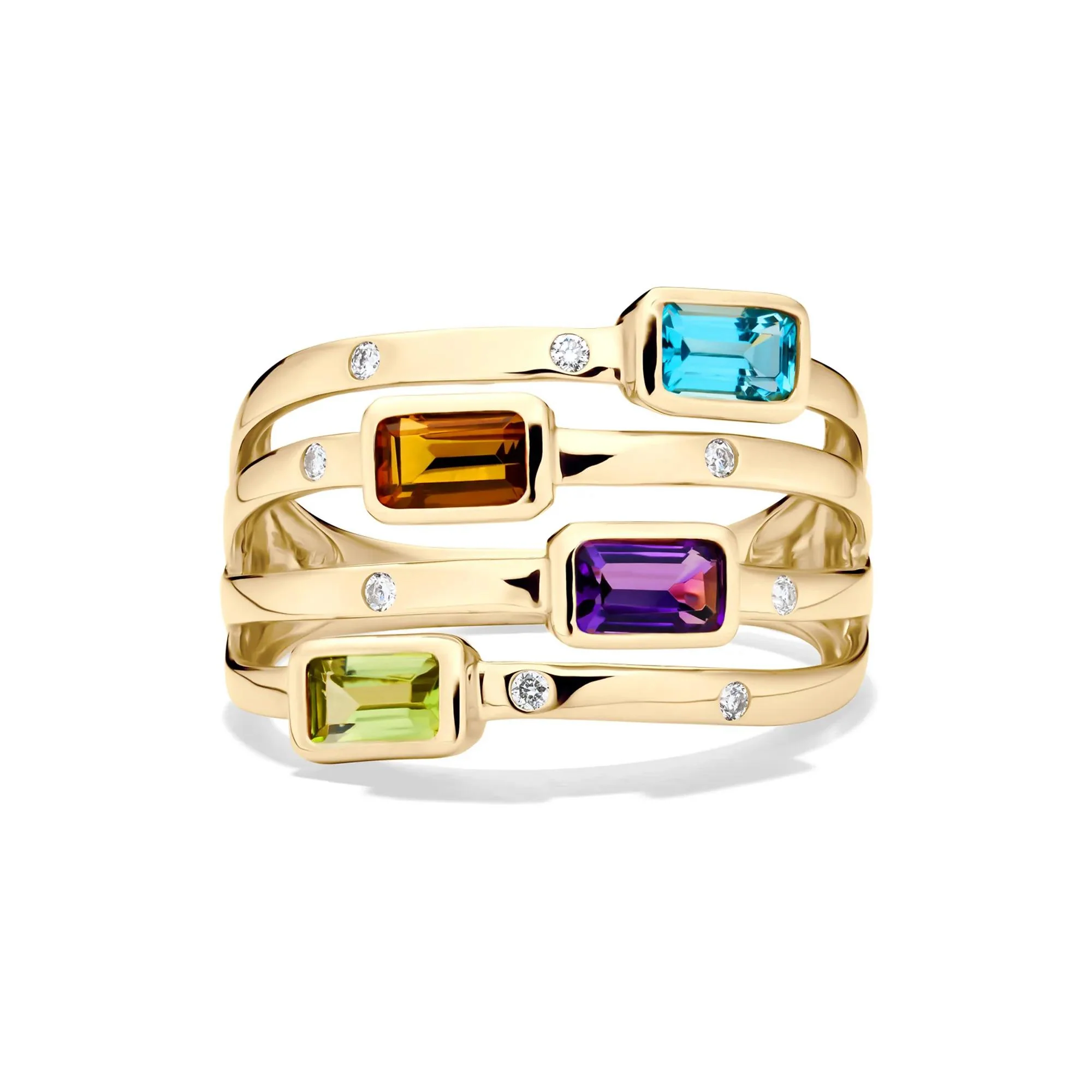 Multi-Row Gemstone and Diamond Accent Ring 14K Yellow Gold Size 9 2mm
