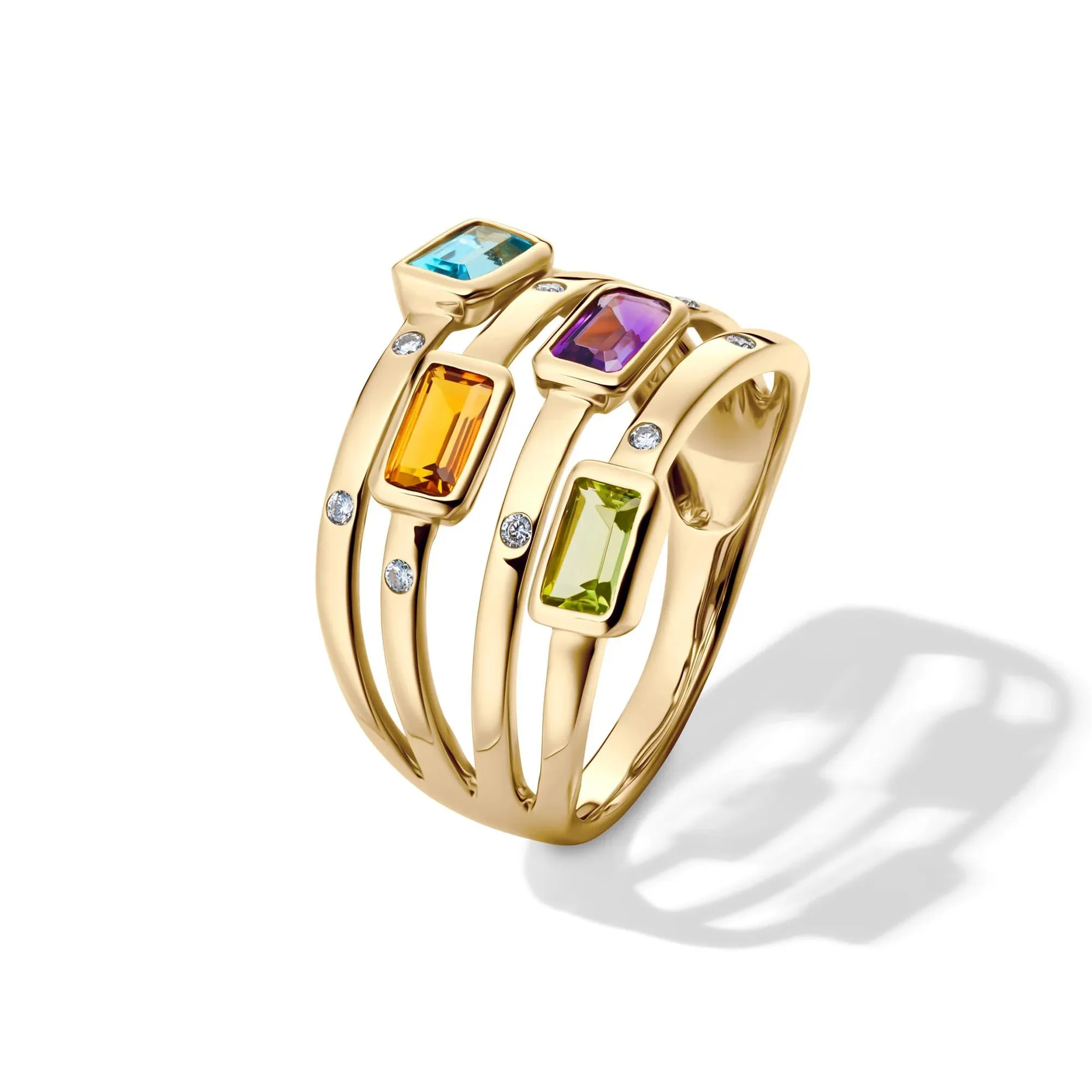 Multi-Row Gemstone and Diamond Accent Ring 14K Yellow Gold Size 9 2mm - Image 4