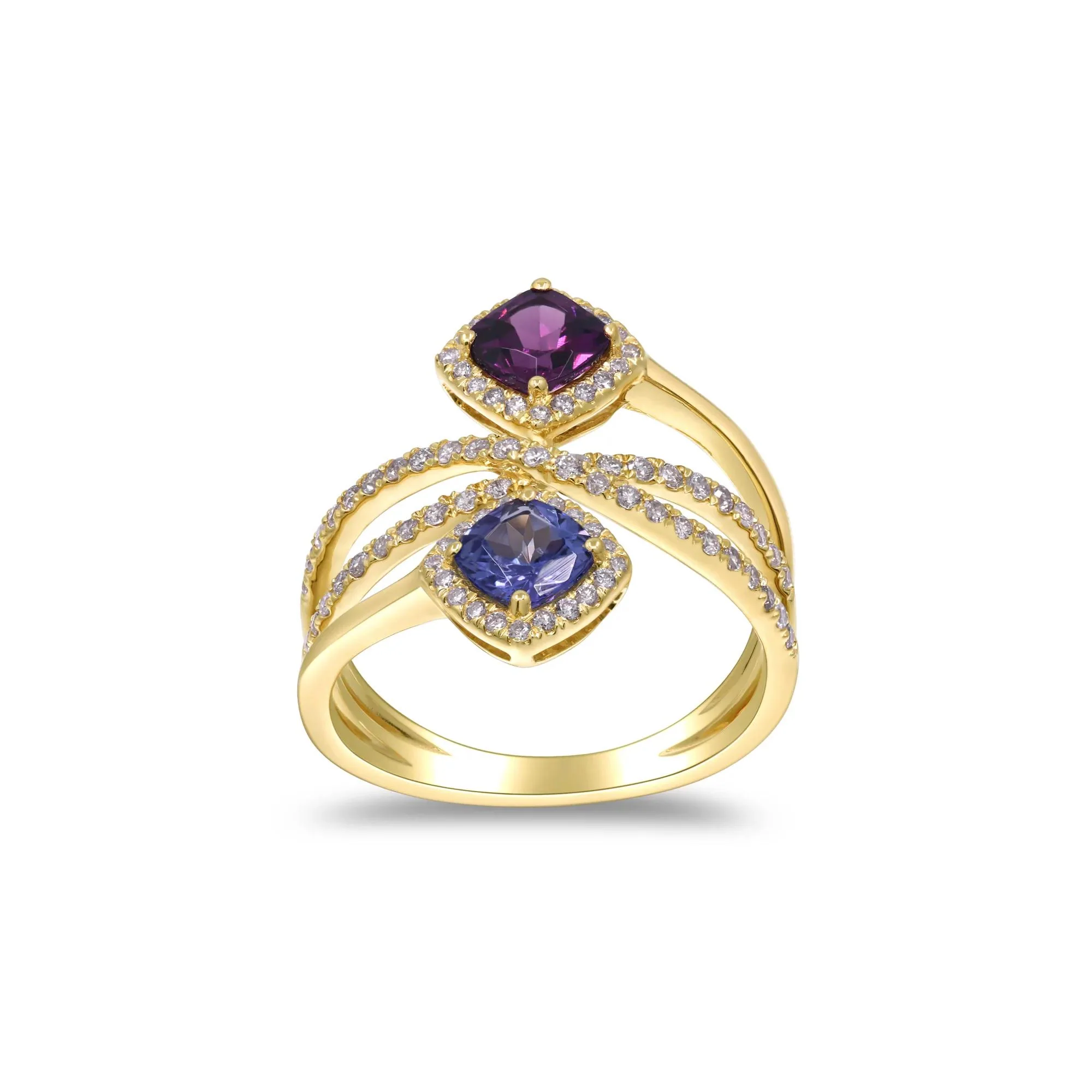 3/8 CT. Tw. Tanzanite Rhodolite Garnet and Diamond Ring 14K Yellow Gold Size 6.5 2mm