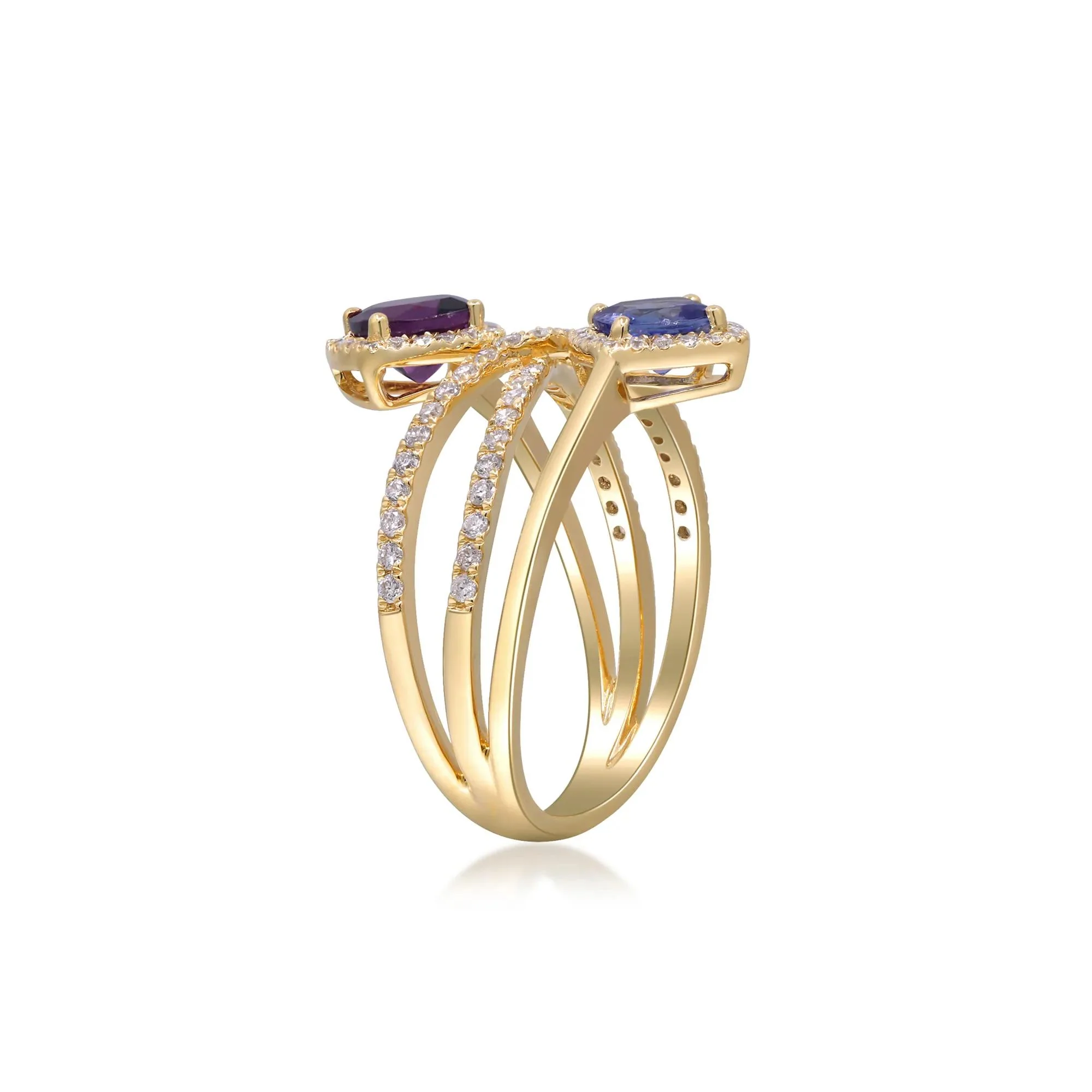 3/8 CT. Tw. Tanzanite Rhodolite Garnet and Diamond Ring 14K Yellow Gold Size 6.5 2mm - Image 3