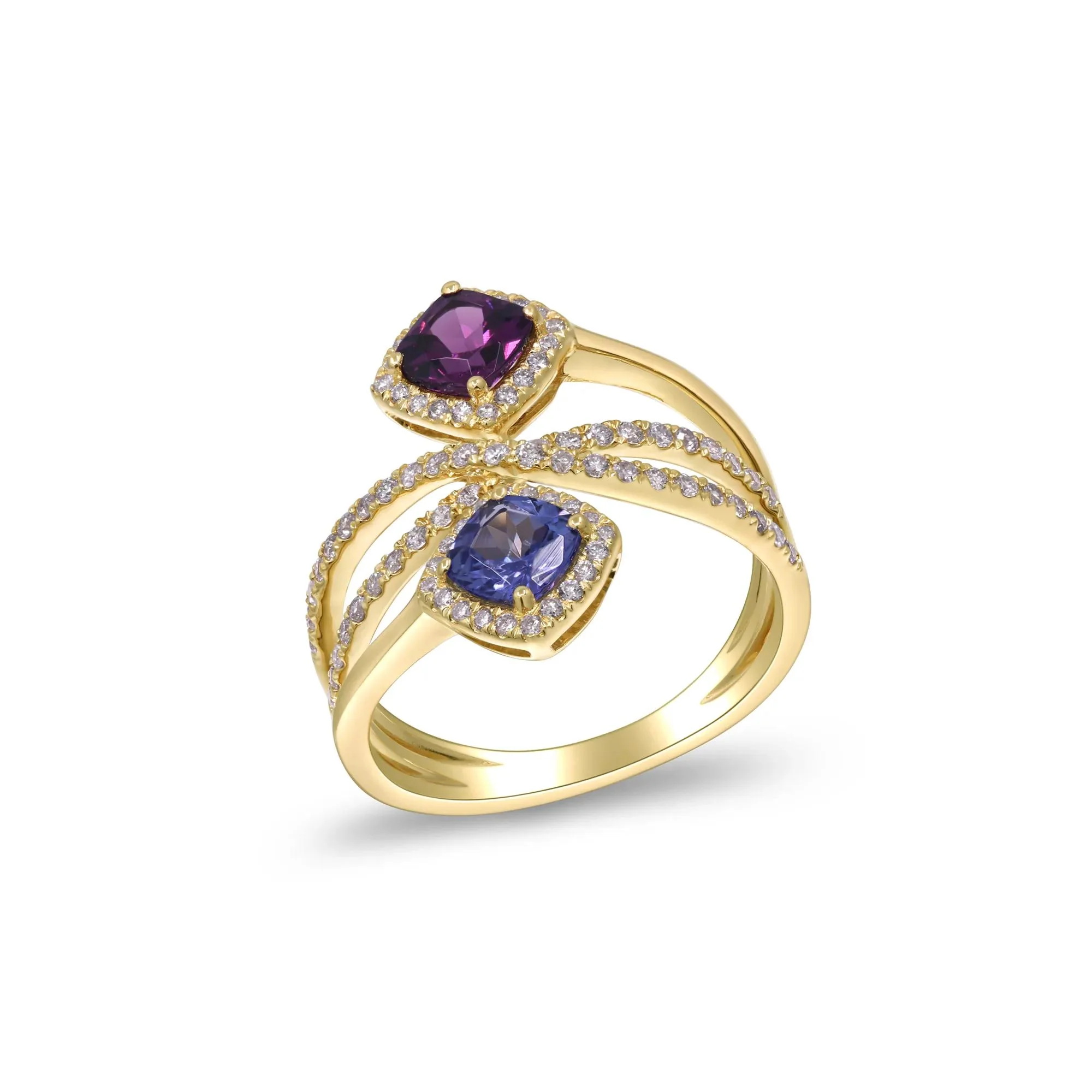 3/8 CT. Tw. Tanzanite Rhodolite Garnet and Diamond Ring 14K Yellow Gold Size 6.5 2mm - Image 4