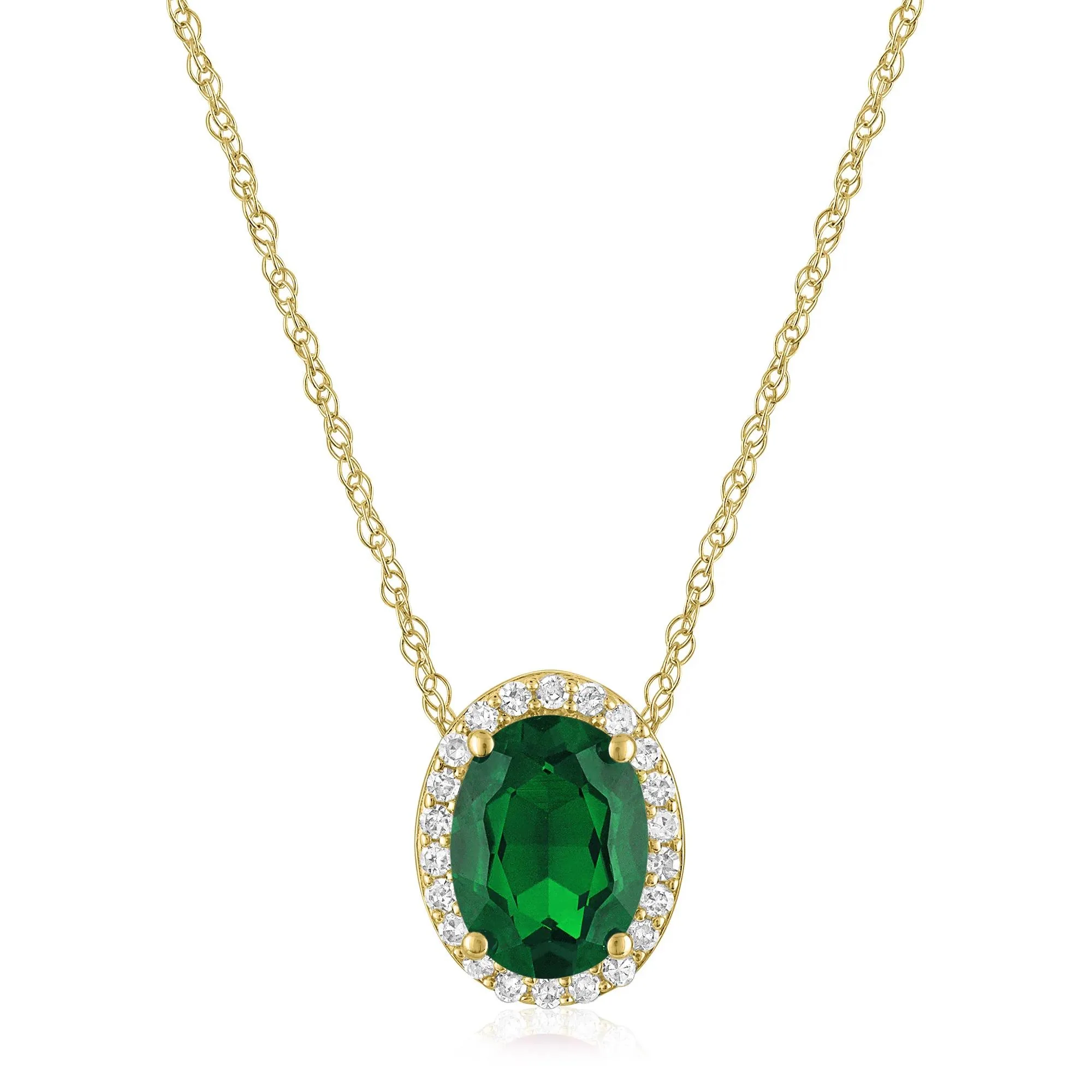 Oval Lab-Created Emerald and Diamond Accent Halo Pendant Necklace 10K Yellow Gold White Size 18"