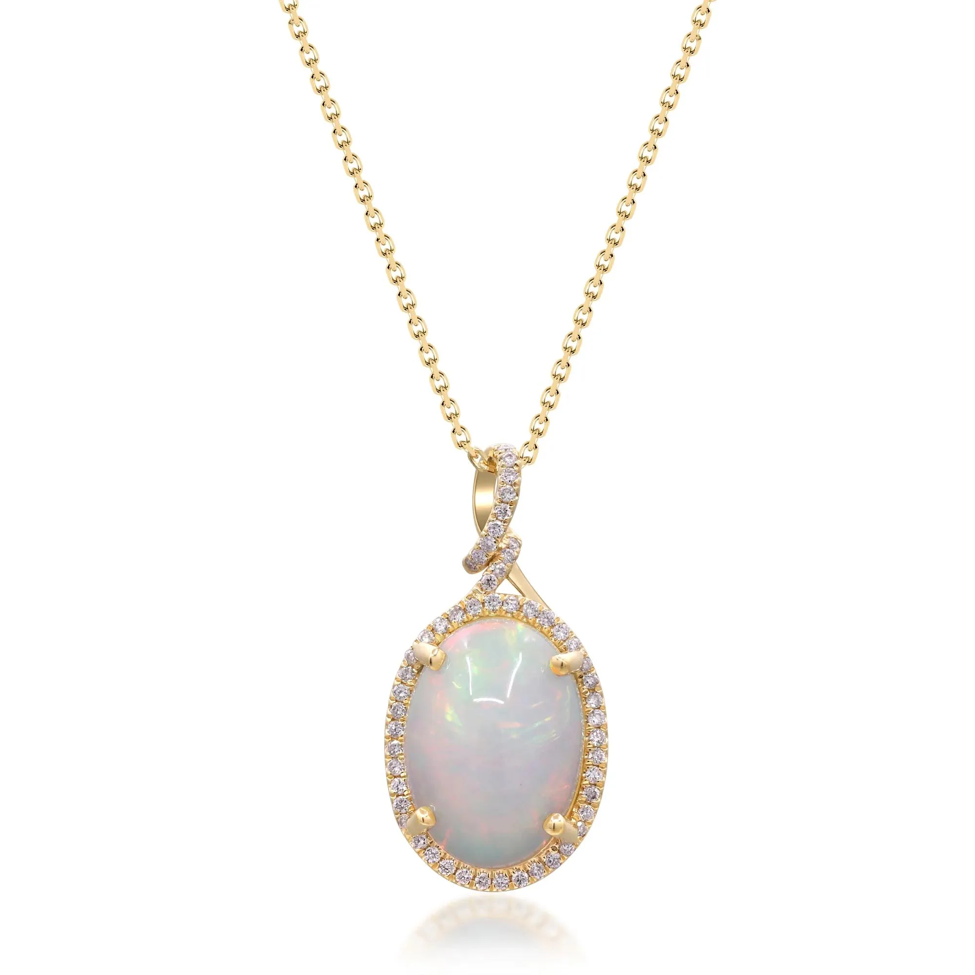1/5 CT. Tw. Oval Opal and Diamond Pendant Necklace 14K Yellow Gold Size 18"