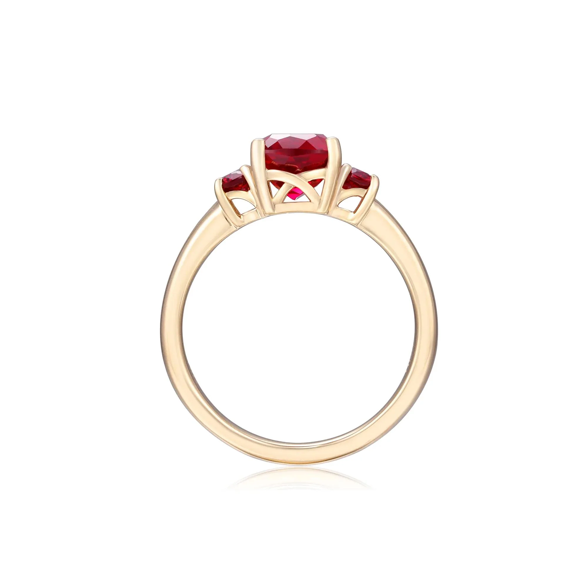 Cushion-Cut Lab-Created Ruby Three-Stone Ring 10K Yellow Gold Size 5 - Image 2