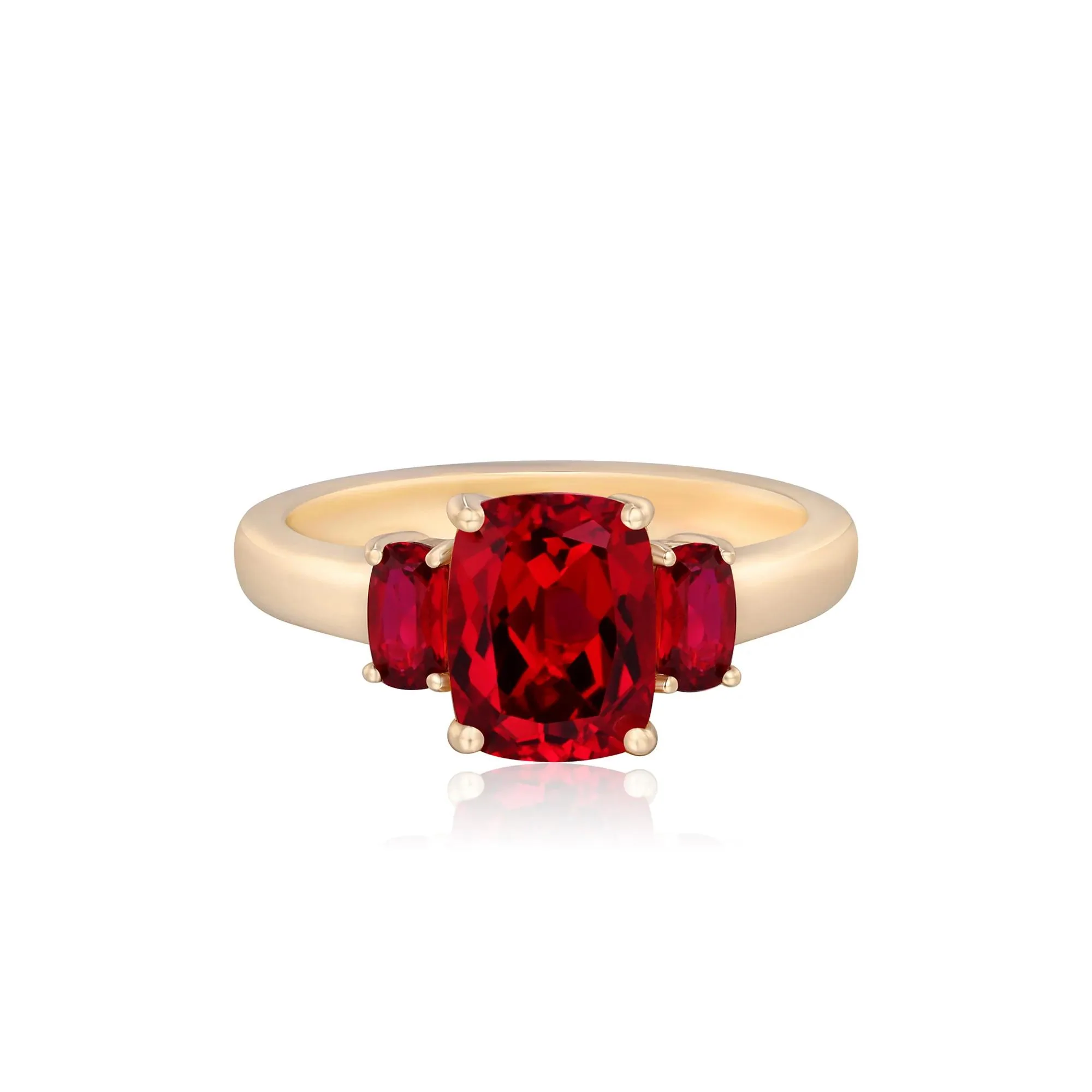 Cushion-Cut Lab-Created Ruby Three-Stone Ring 10K Yellow Gold Size 7