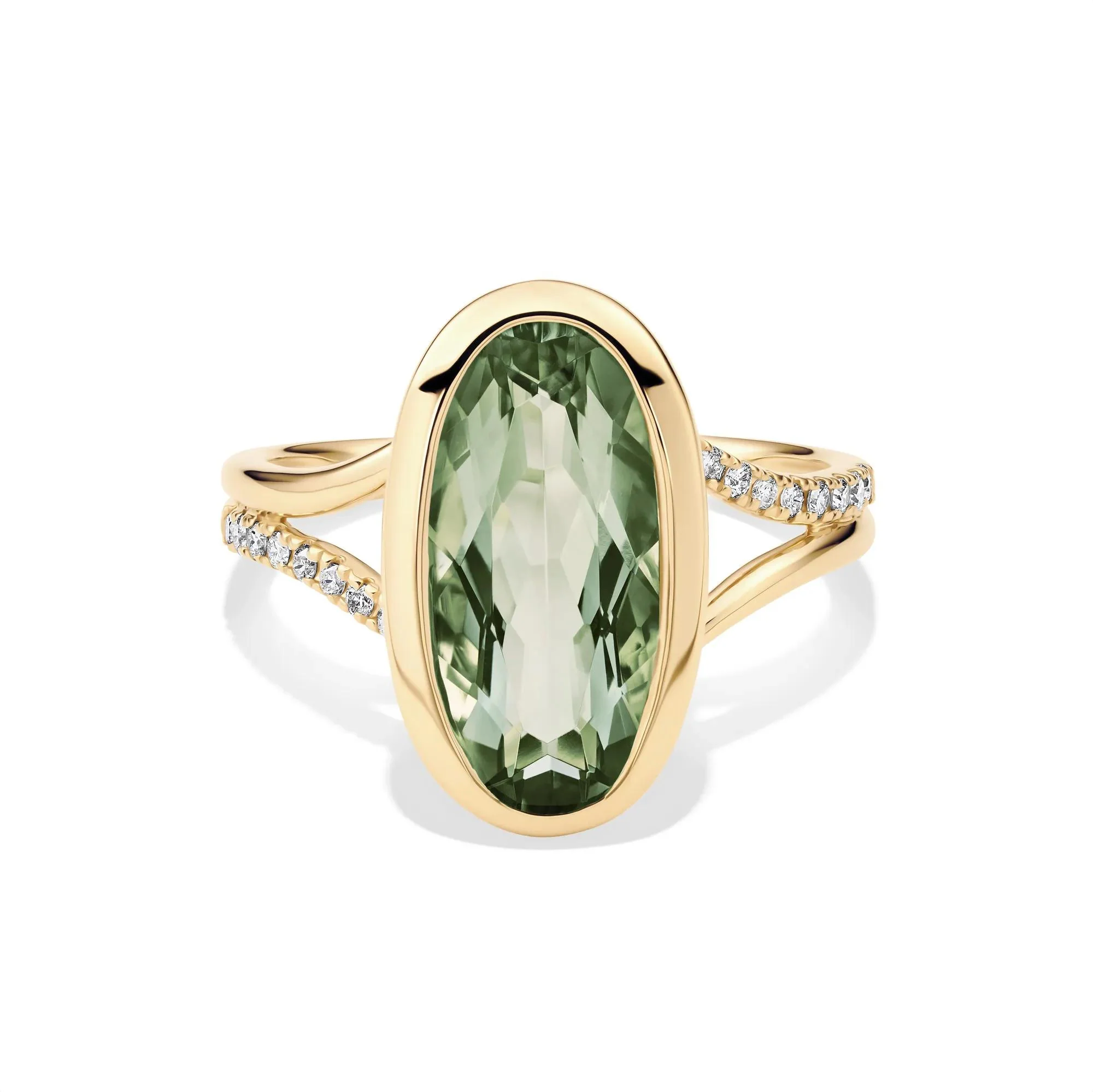 1/10 CT. Tw. Green Amethyst and Diamond Bezel Ring 10K Yellow Gold Round Brilliant Cut Size 7 1mm
