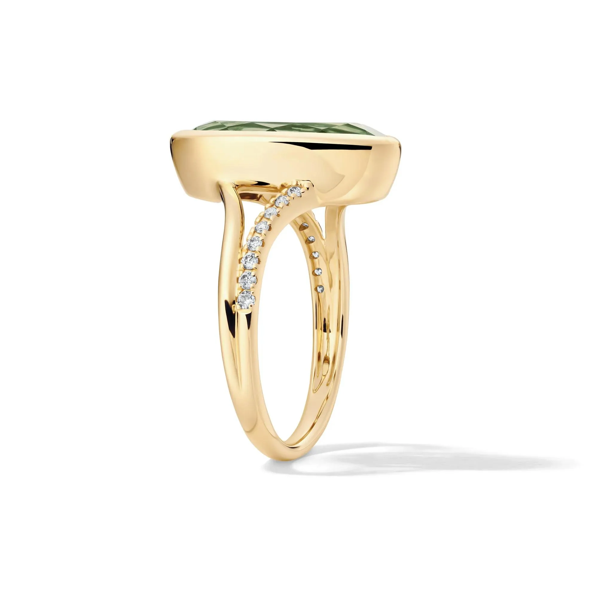 1/10 CT. Tw. Green Amethyst and Diamond Bezel Ring 10K Yellow Gold Round Brilliant Cut Size 7 1mm - Image 3