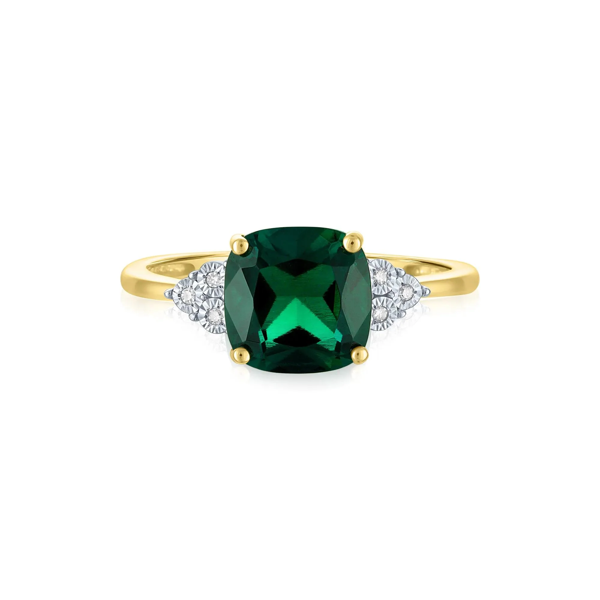 Lab-Created Emerald and Diamond Accent Ring 10K Yellow Gold Round Brilliant Cut Size 5 1mm
