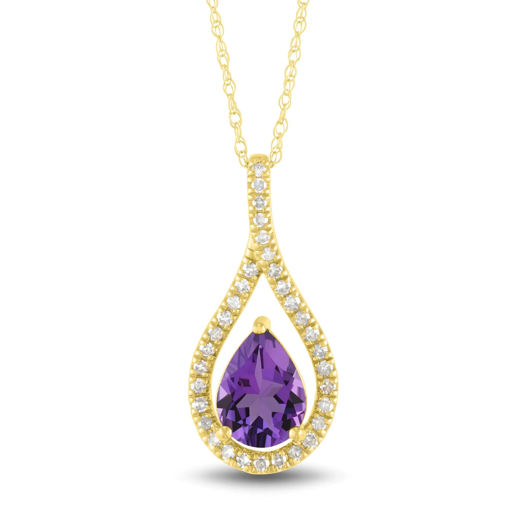 1/7 CT. Tw. Pear-Shaped Amethyst and Diamond Drop Pendant Necklace 10K Yellow Gold Size 18"