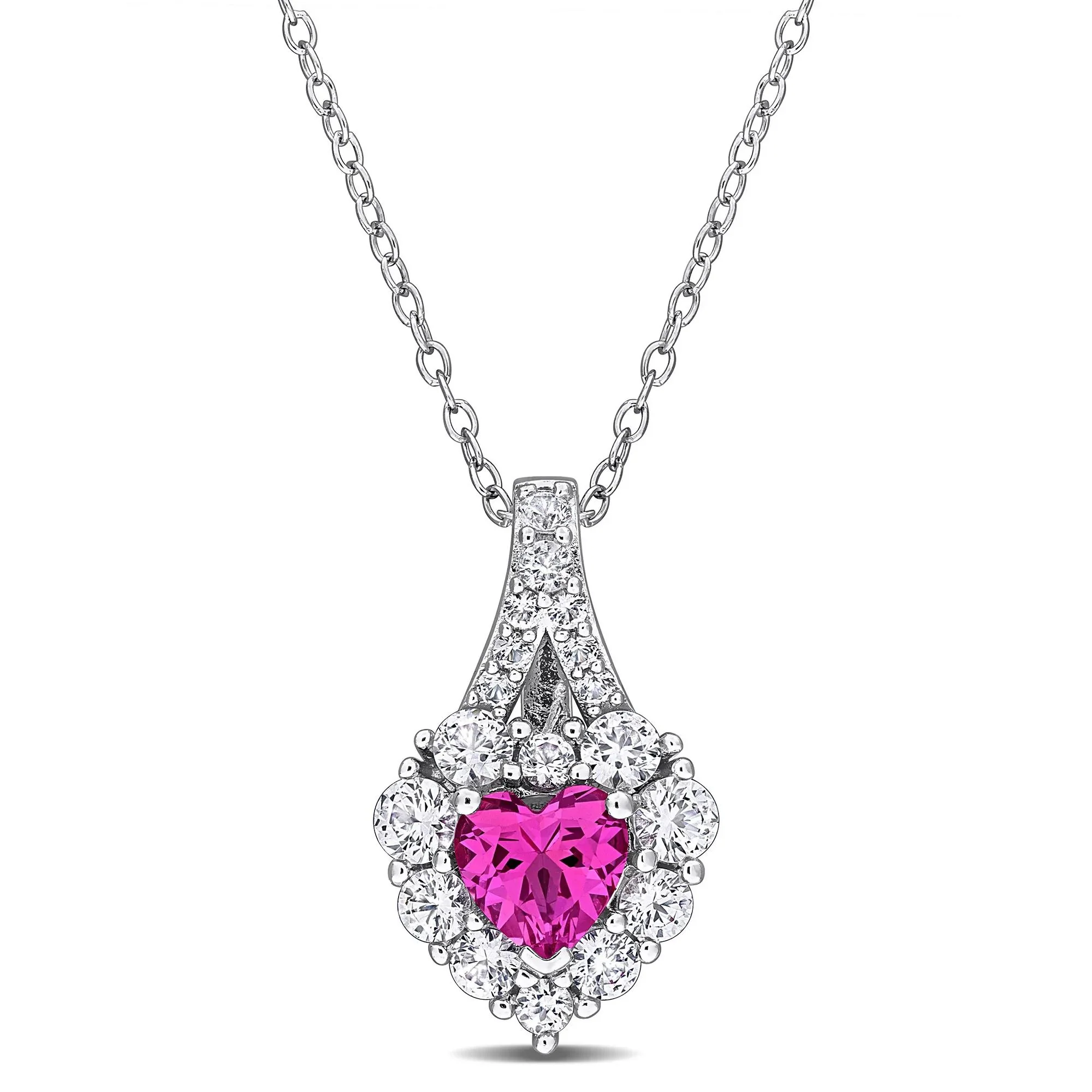 Lab-Created Pink Sapphire and Lab-Created White Sapphire Heart Pendant Necklace .925 Sterling Silver Size 18"