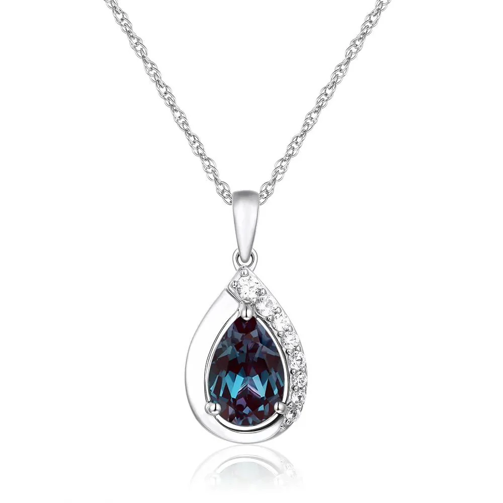 Lab-Created Alexandrite & Lab-Created White Sapphire Pear-Shaped Pendant Necklace .925 Sterling Silver Size 18"