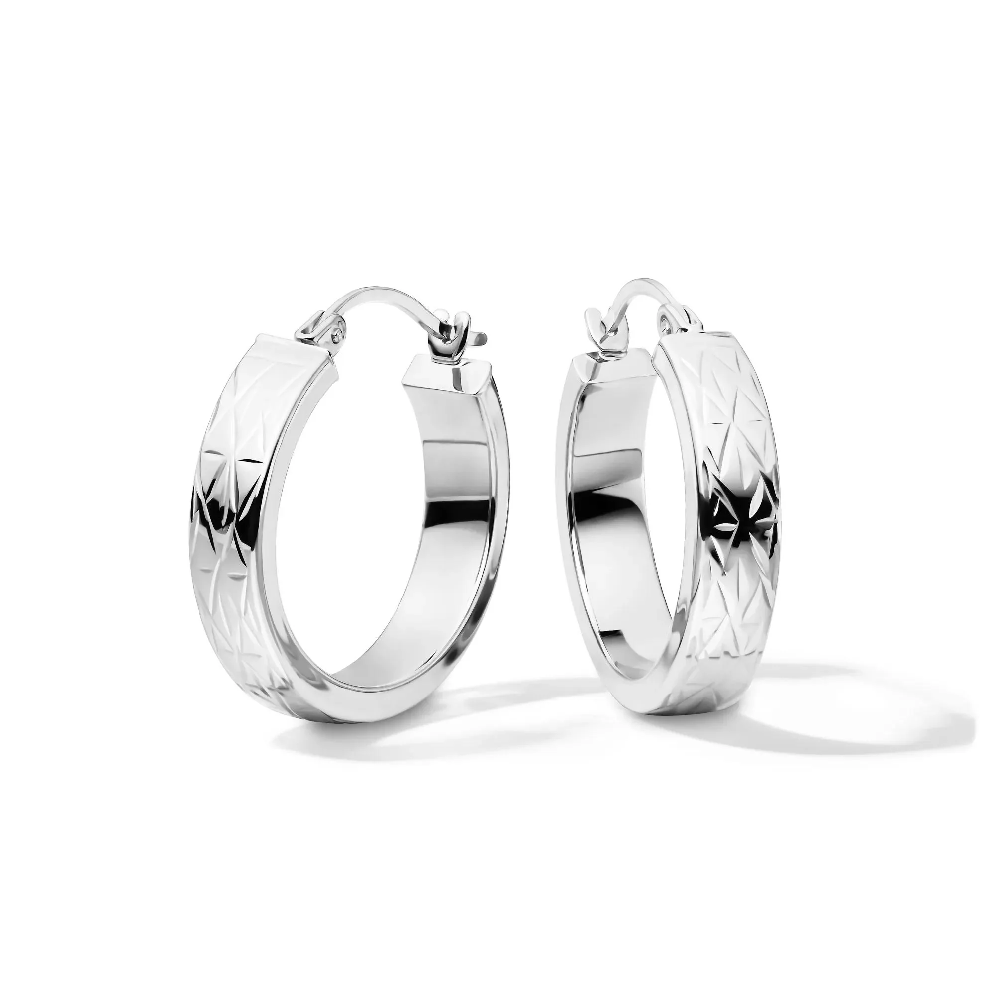 Rectangular Diamond-Cut Tube Hoop Earrings 14K White Gold Size 20.00mm