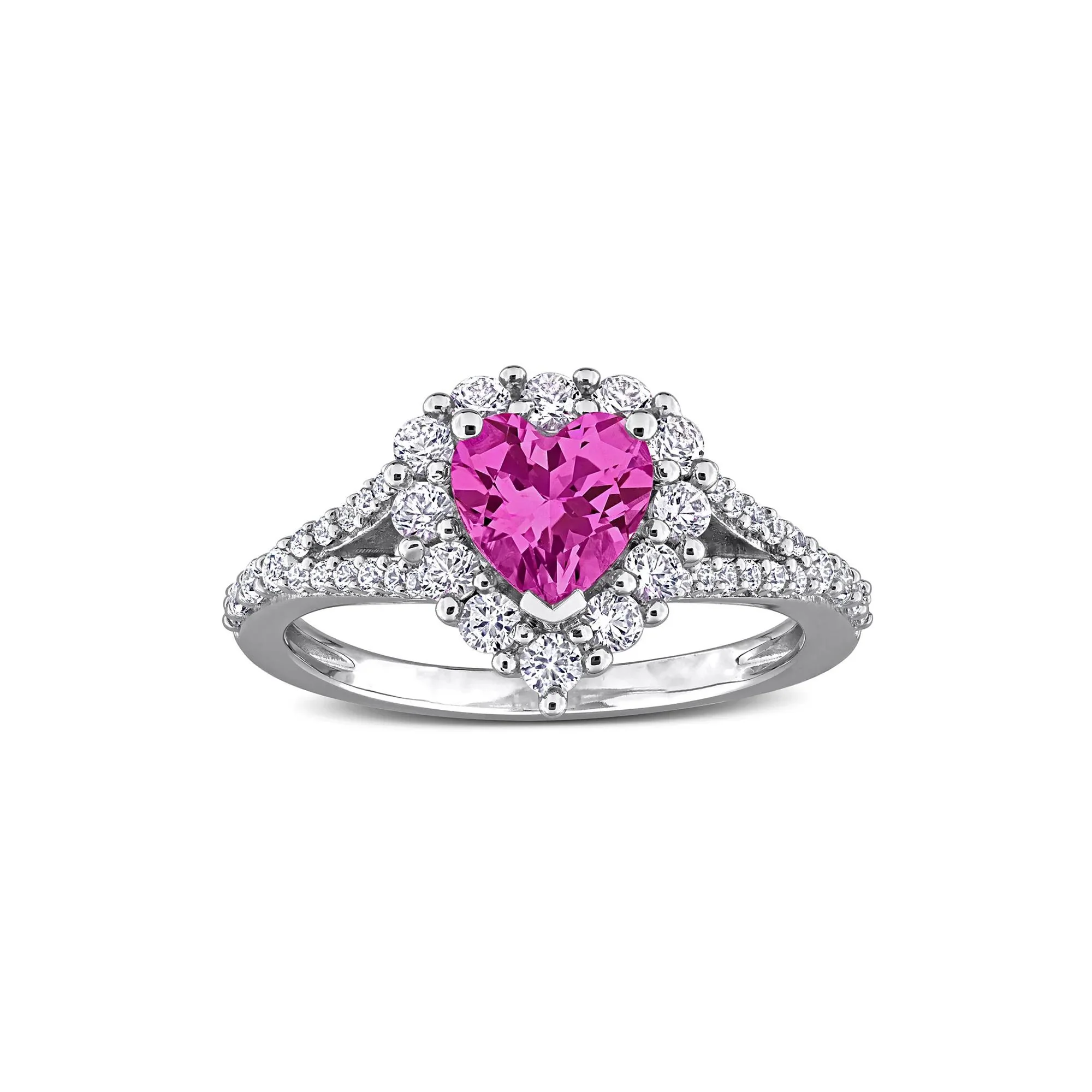 Lab-Created Pink Sapphire Heart Ring .925 Sterling Silver White Size 8 11mm