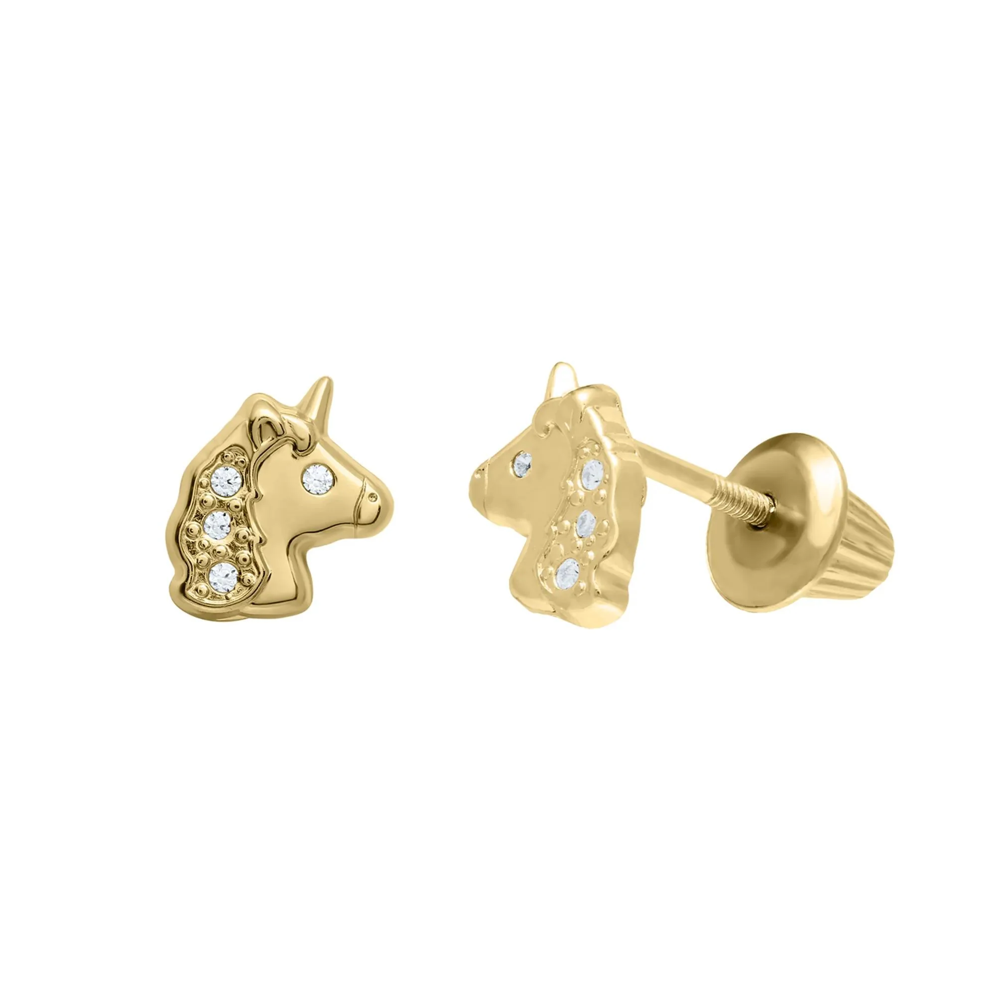 Children's Unicorn Stud Earrings with Cubic Zirconia 14K Yellow Gold Size 6.00mm