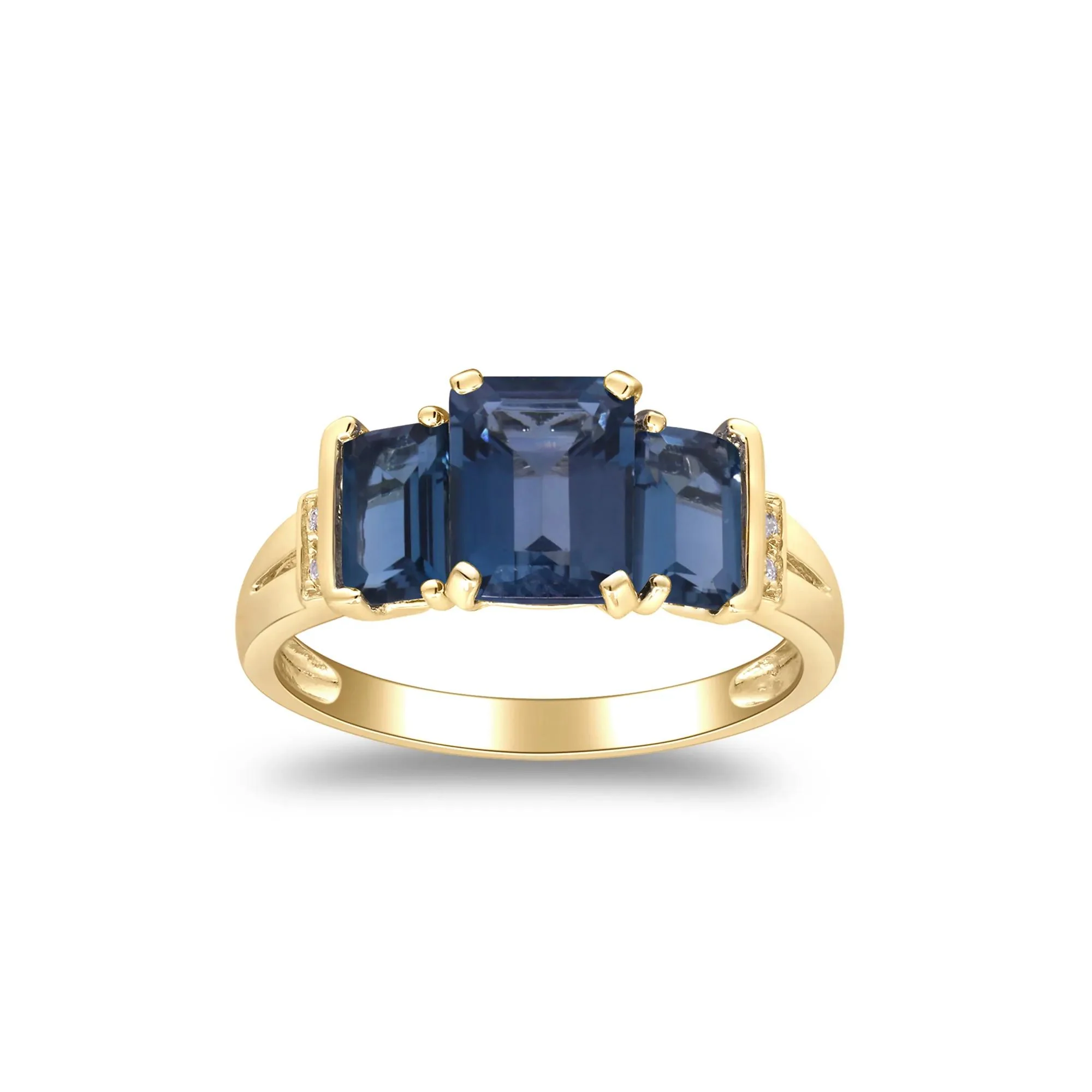 London Blue Topaz Three Stone Ring with Diamond Accent 10K Yellow Gold Size 6.5 2mm