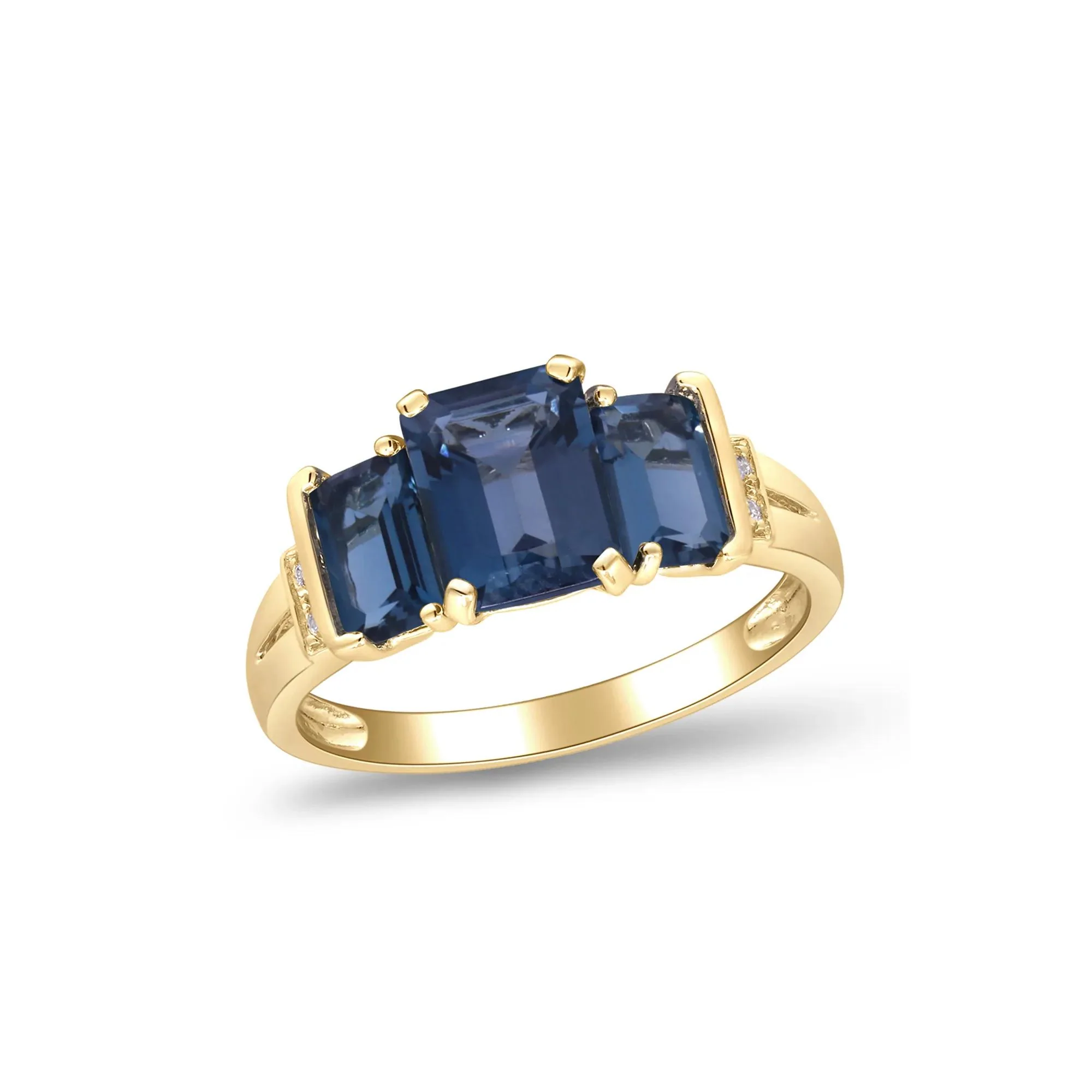 London Blue Topaz Three Stone Ring with Diamond Accent 10K Yellow Gold Size 6.5 2mm - Image 4
