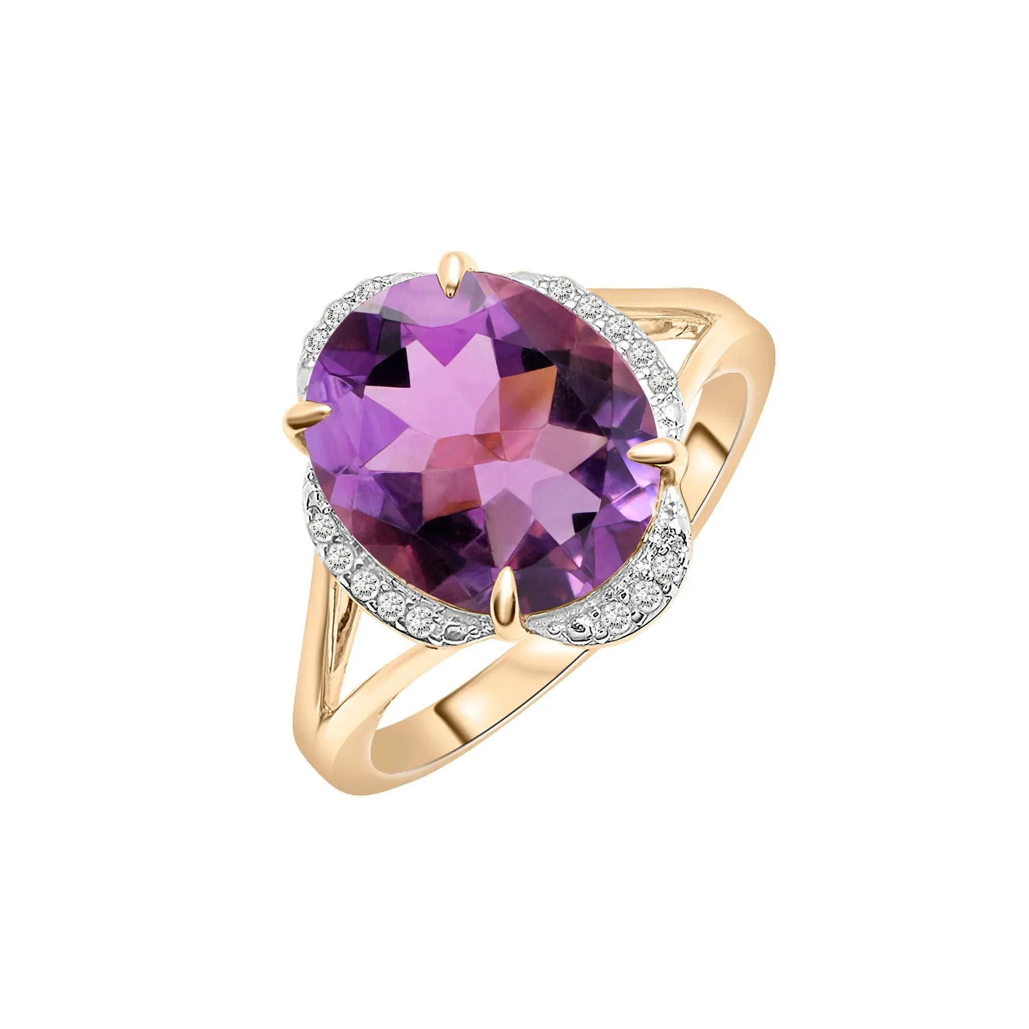 Oval Amethyst and Diamond Accent Cocktail Ring 10K Yellow Gold Size 6 2mm - Image 5