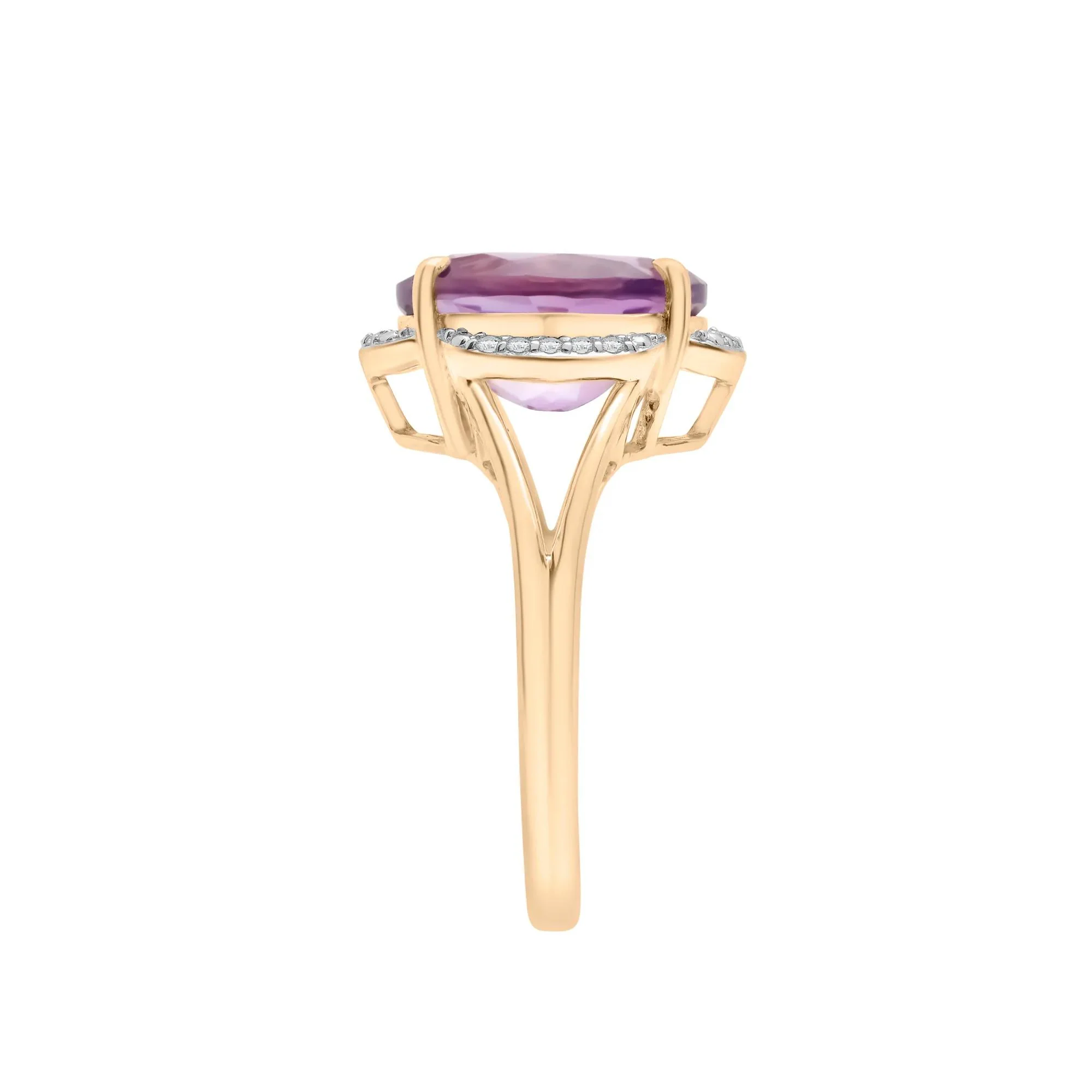 Oval Amethyst and Diamond Accent Cocktail Ring 10K Yellow Gold Size 8 2mm - Image 3