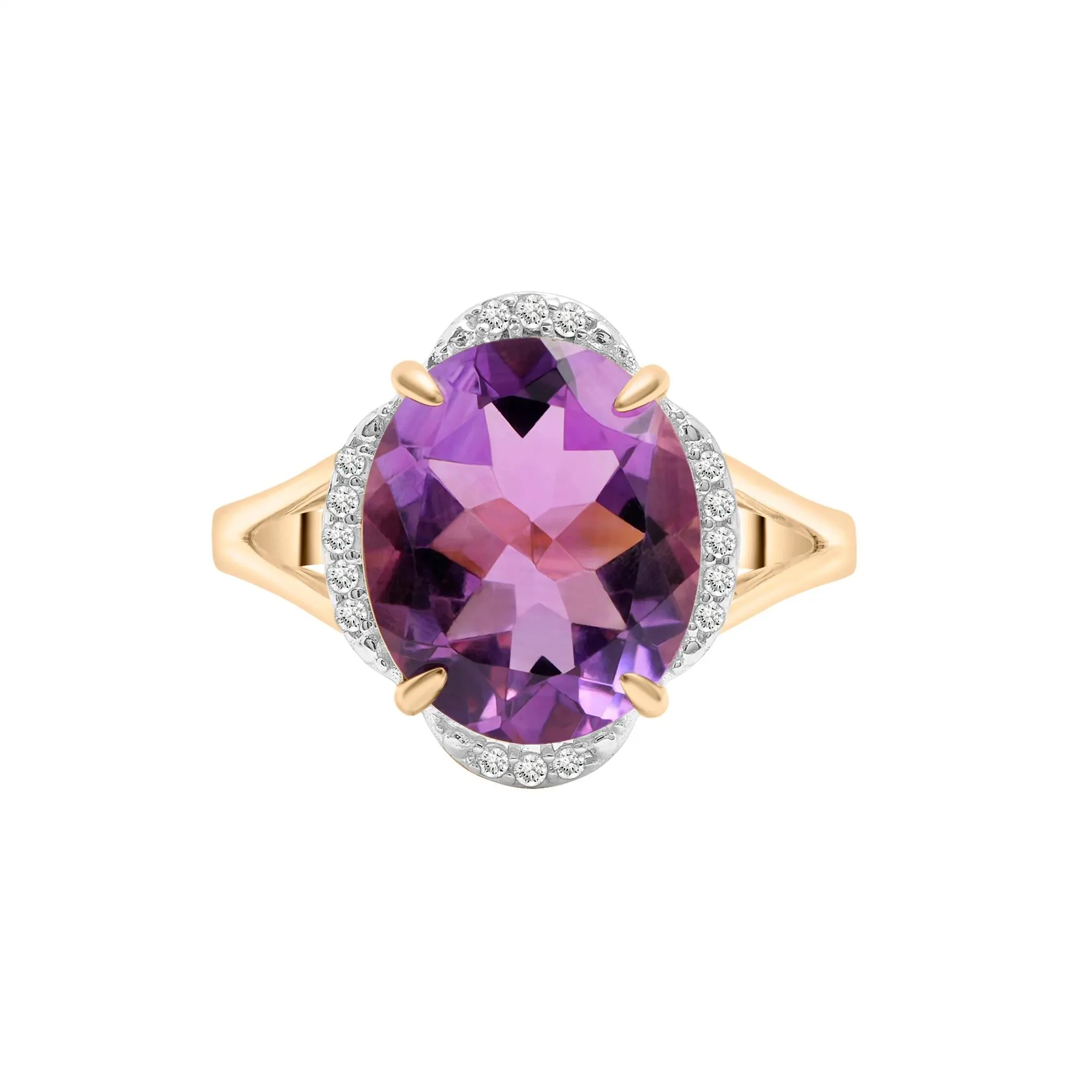 Oval Amethyst and Diamond Accent Cocktail Ring 10K Yellow Gold Size 9.5 2mm