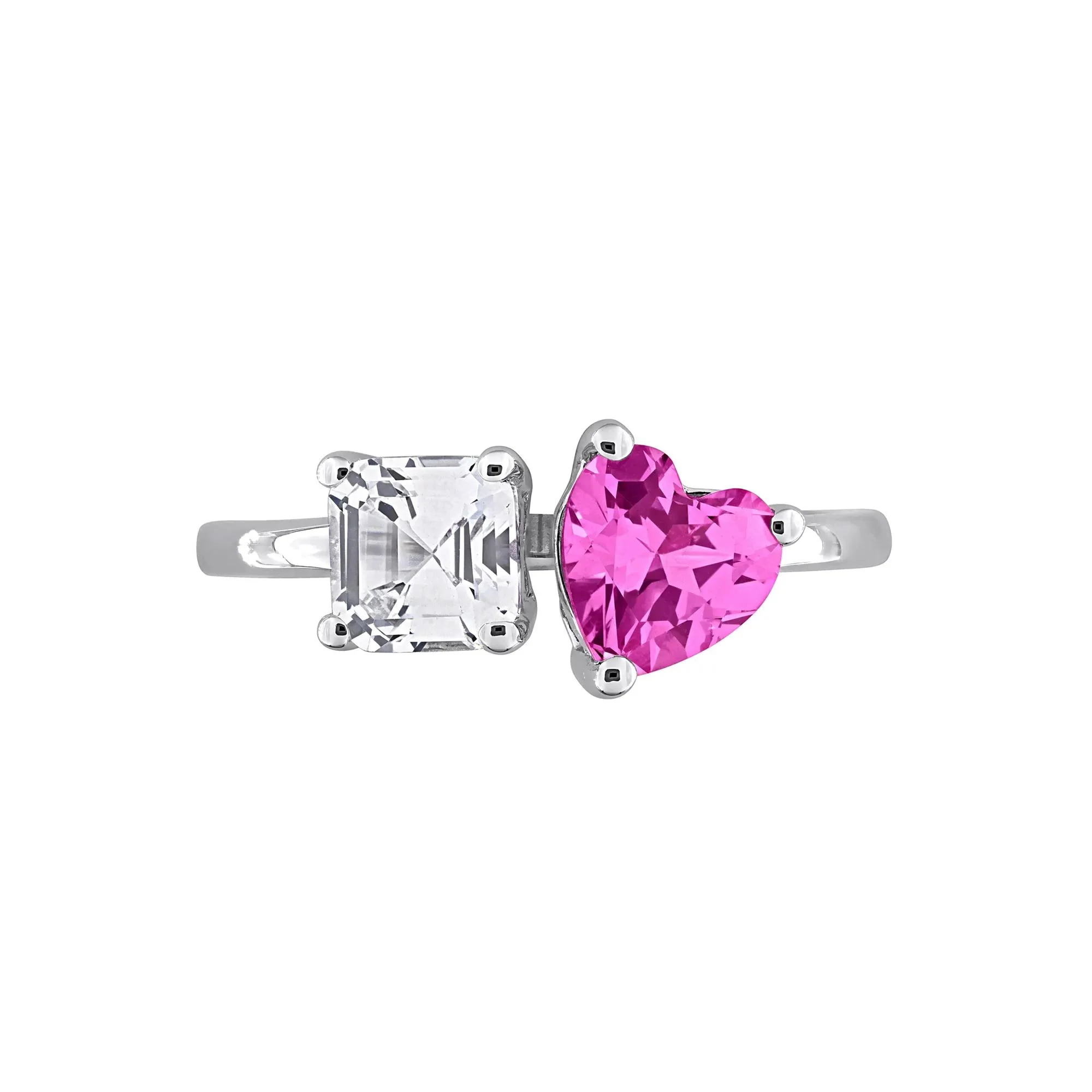 Lab-Created Pink Sapphire & Lab-Created White Sapphire Toi Et Moi Heart Ring .925 Sterling Silver Size 8 8mm