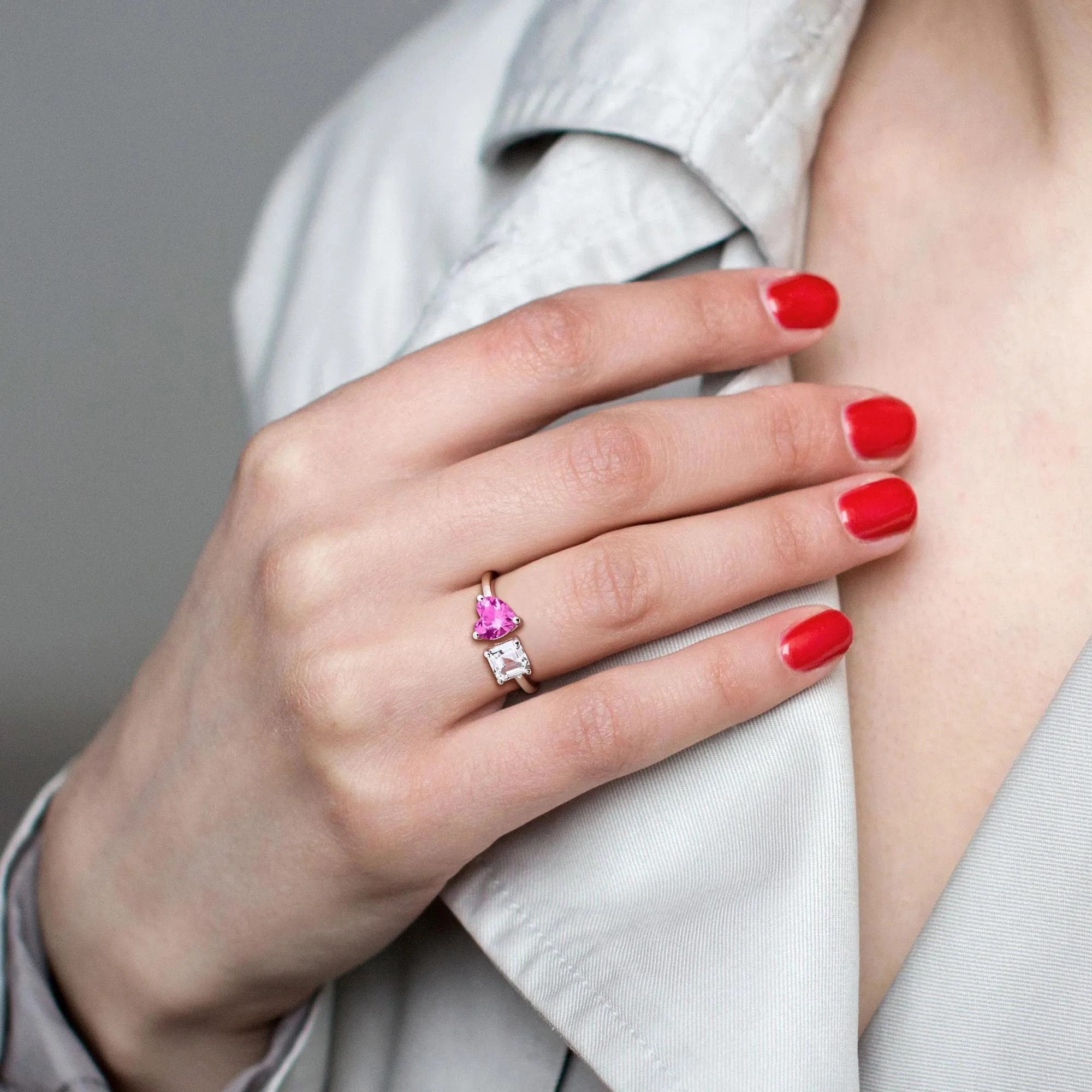 Lab-Created Pink Sapphire & Lab-Created White Sapphire Toi Et Moi Heart Ring .925 Sterling Silver Size 8 8mm - Image 5