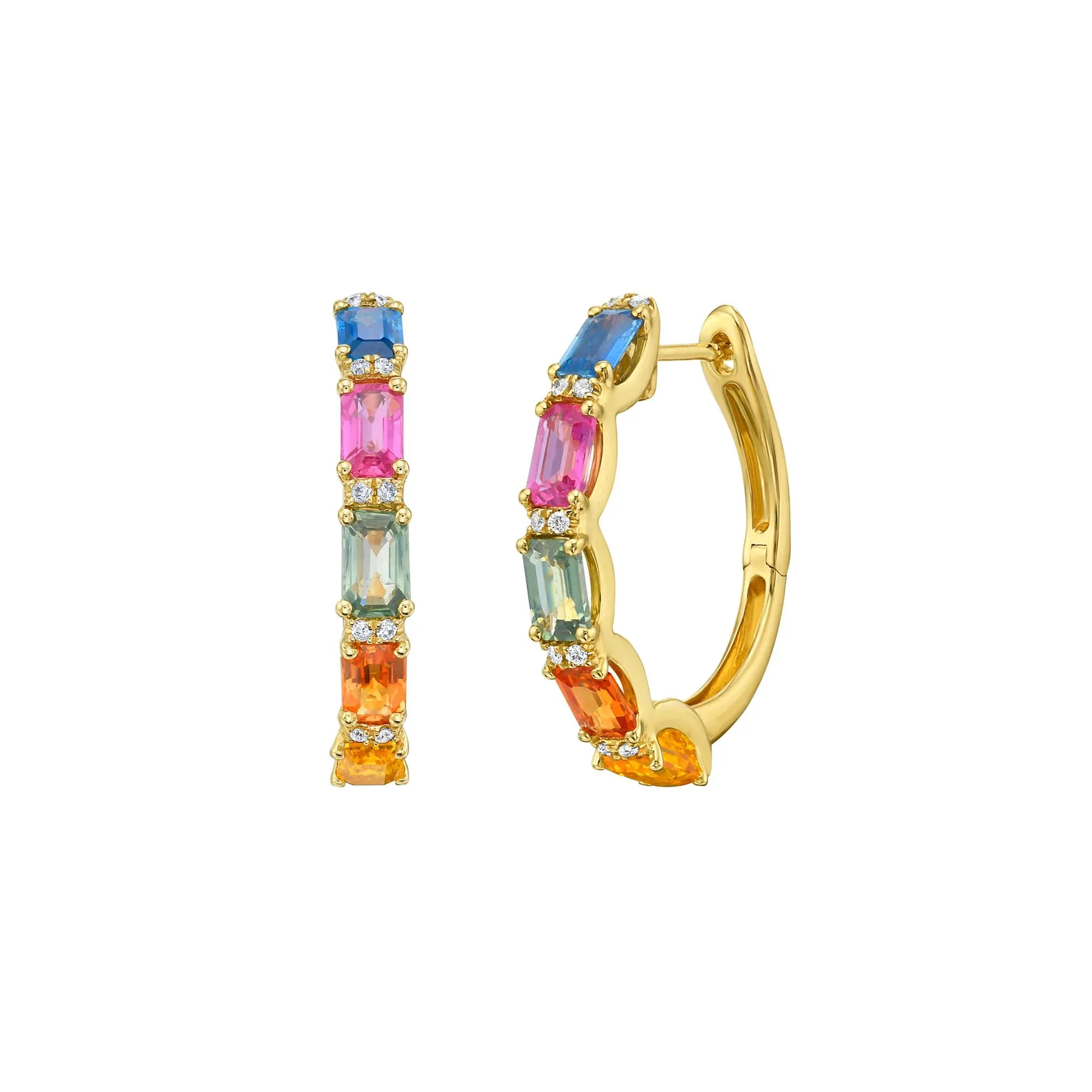 1/8 CT. Tw. Multi-Sapphire and Diamond Hoops 10K Yellow Gold Earring Size 3.50mm