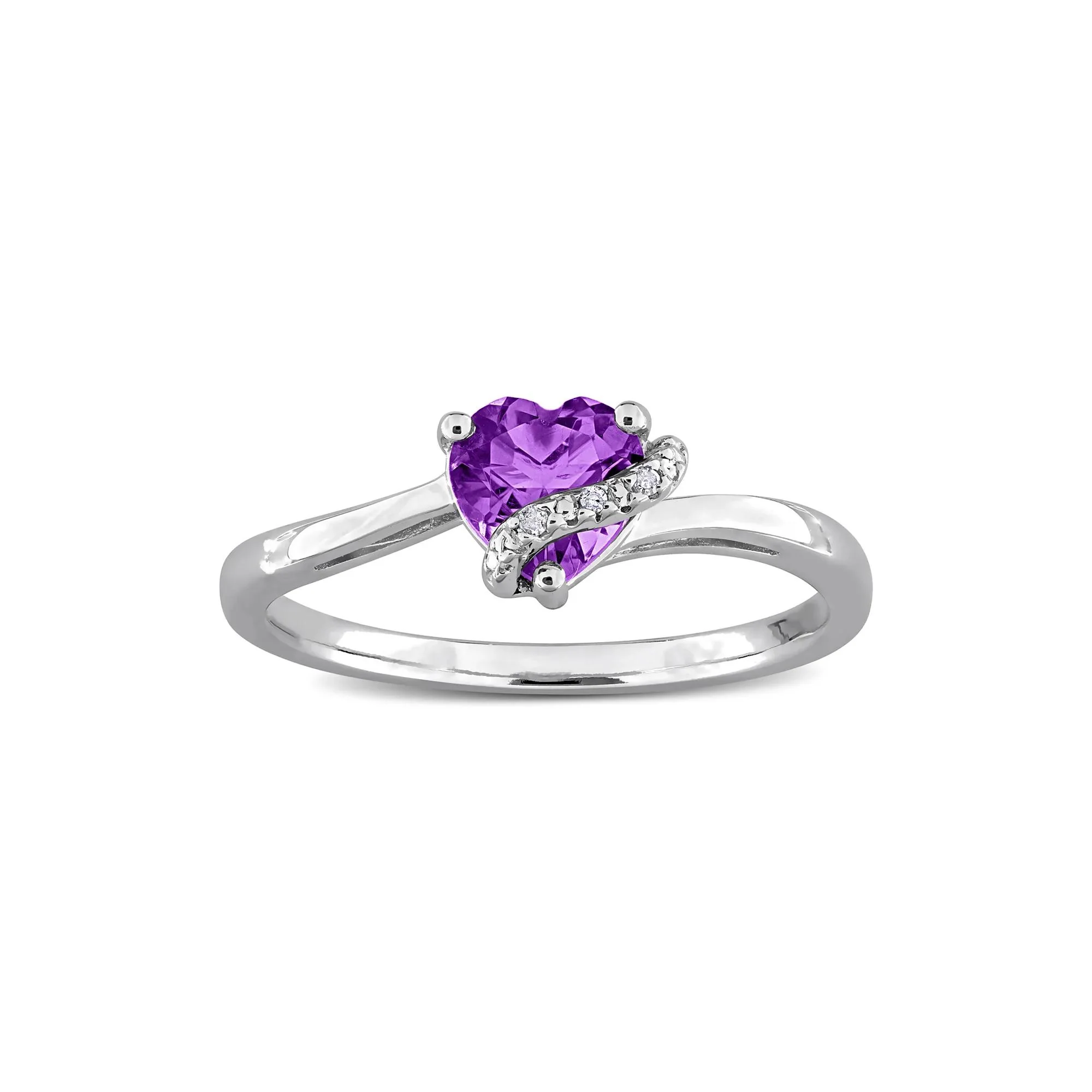 Heart-Shaped Amethyst and Diamond Accent Ring .925 Sterling Silver White Size 8 7mm