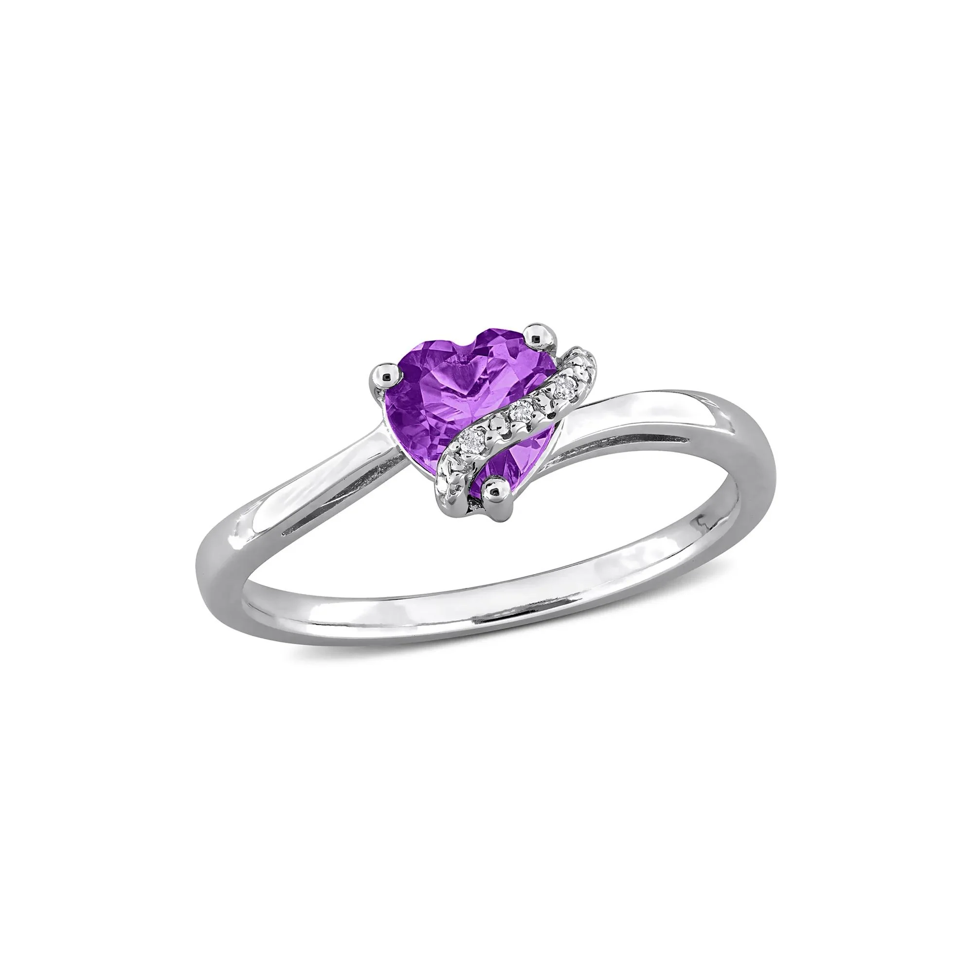 Heart-Shaped Amethyst and Diamond Accent Ring .925 Sterling Silver White Size 8 7mm - Image 4