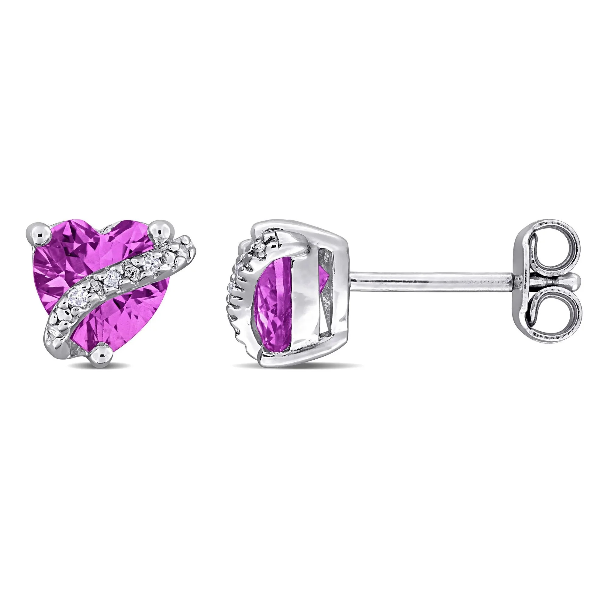Lab-Created Pink Sapphire and Diamond Accent Heart Studs .925 Sterling Silver White Size 7.50mm