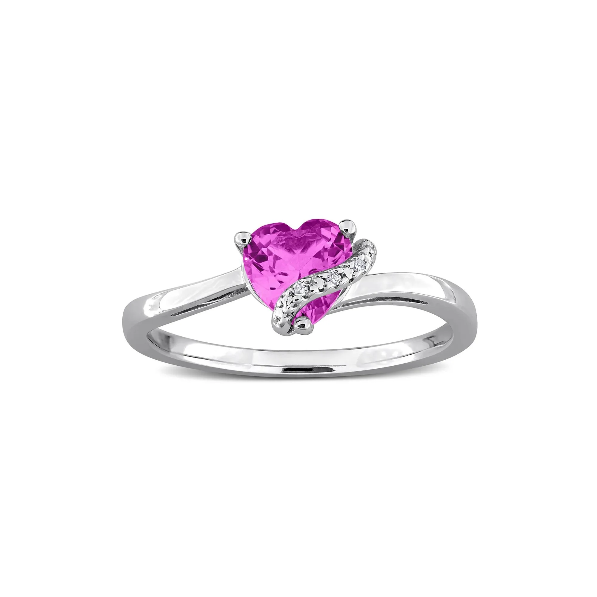 Heart-Shaped Lab-Created Pink Sapphire and Diamond Accent Ring .925 Sterling Silver White Size 5 7mm