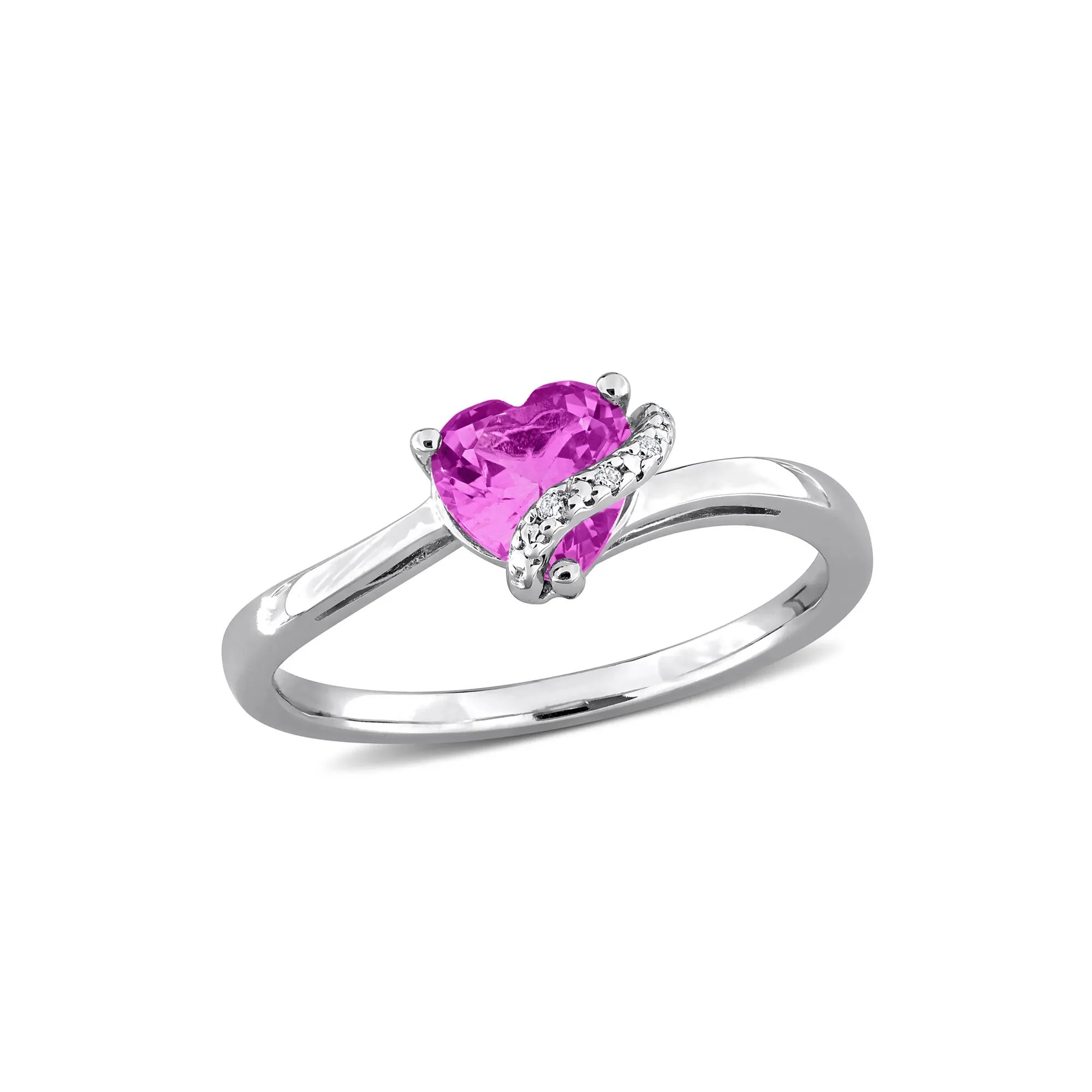 Heart-Shaped Lab-Created Pink Sapphire and Diamond Accent Ring .925 Sterling Silver White Size 8 7mm - Image 4