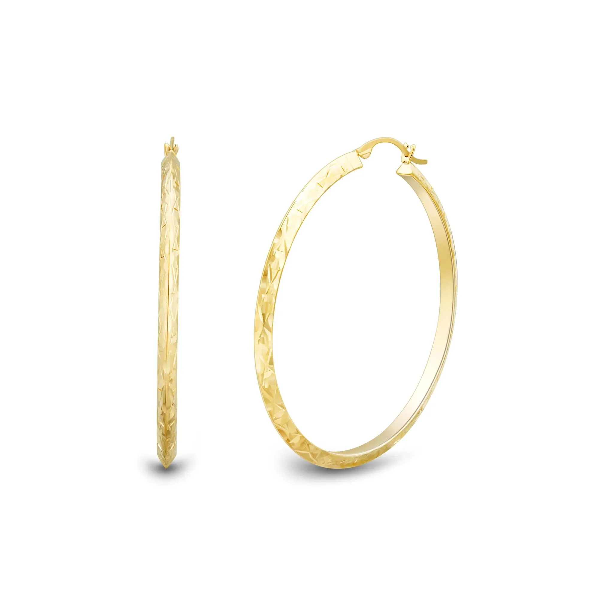 Diamond-Cut Knife Edge Hoop Earrings 14K Yellow Gold Size 35.00mm