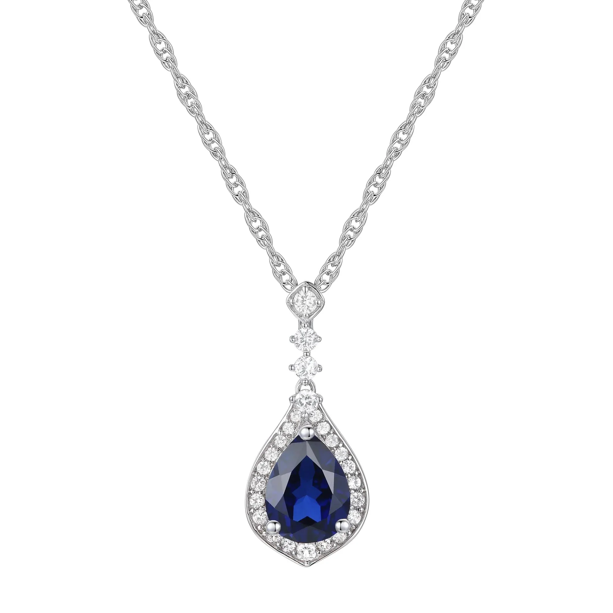 Lab Created Blue Sapphire Lab Created White Sapphire Halo Pendant Necklace .925 Sterling Silver Size 18"