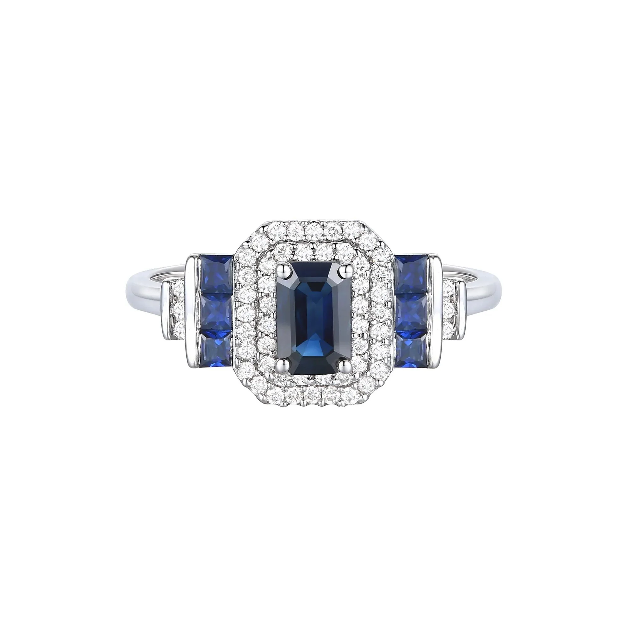 1/5 CT. Tw. Blue Sapphire and Diamond Double Halo Ring 10K White Gold Round Brilliant Cut Size 6 1mm - Image 2