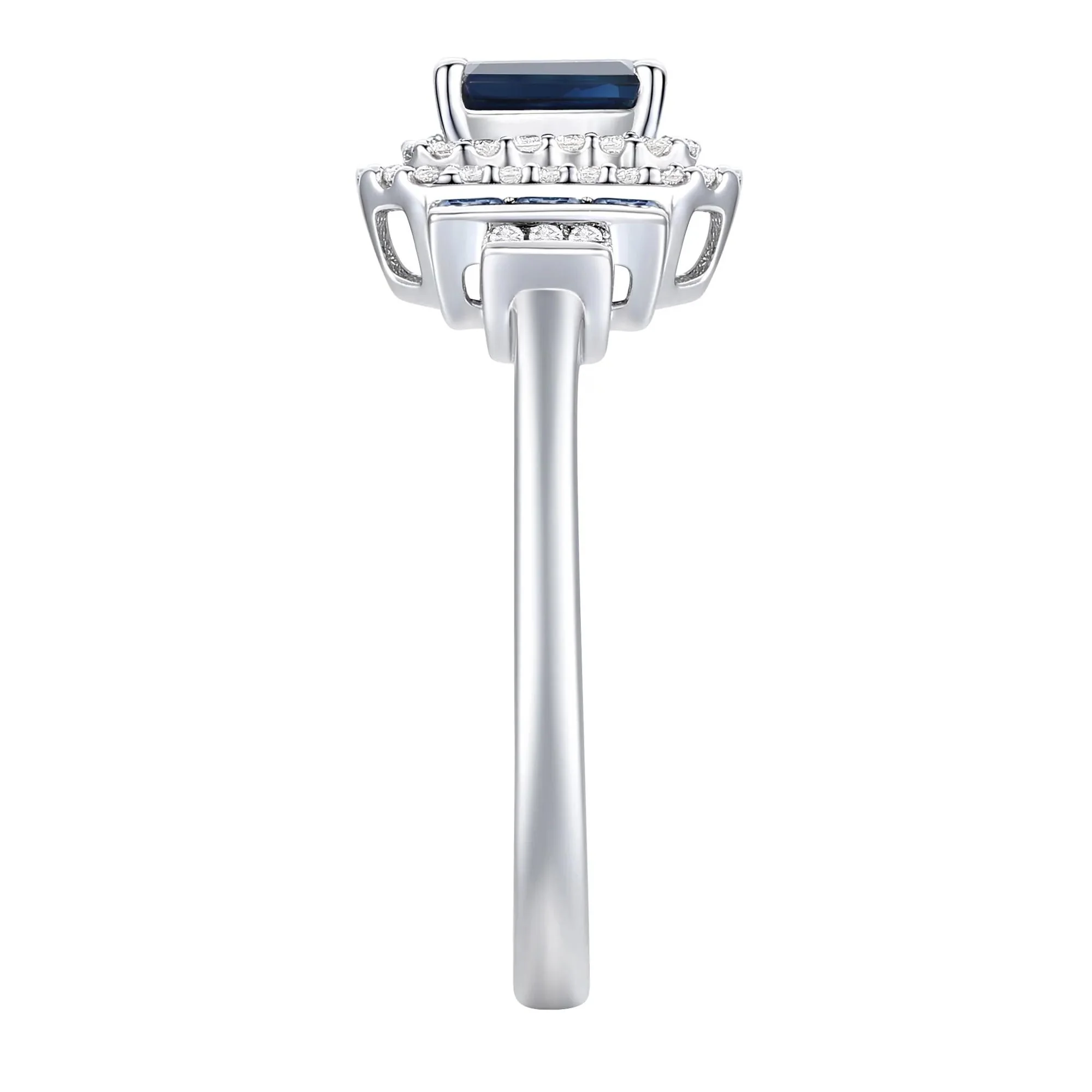 1/5 CT. Tw. Blue Sapphire and Diamond Double Halo Ring 10K White Gold Round Brilliant Cut Size 7.5 1mm