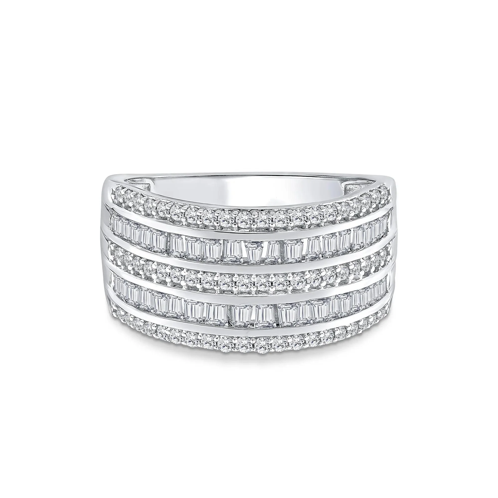 3 CT. Tw. Round and Baguette Multi-Row Diamond Band Ring 14K White Gold Size 8 1mm