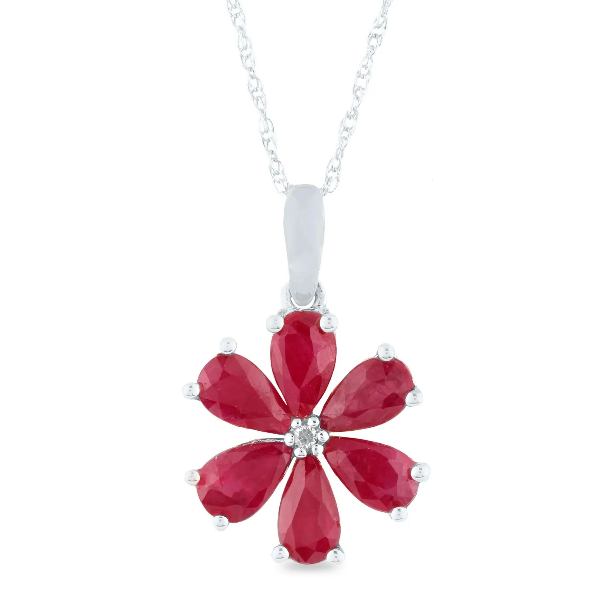 Ruby and Diamond Accent Flower Pendant Necklace 10K White Gold Size 18"