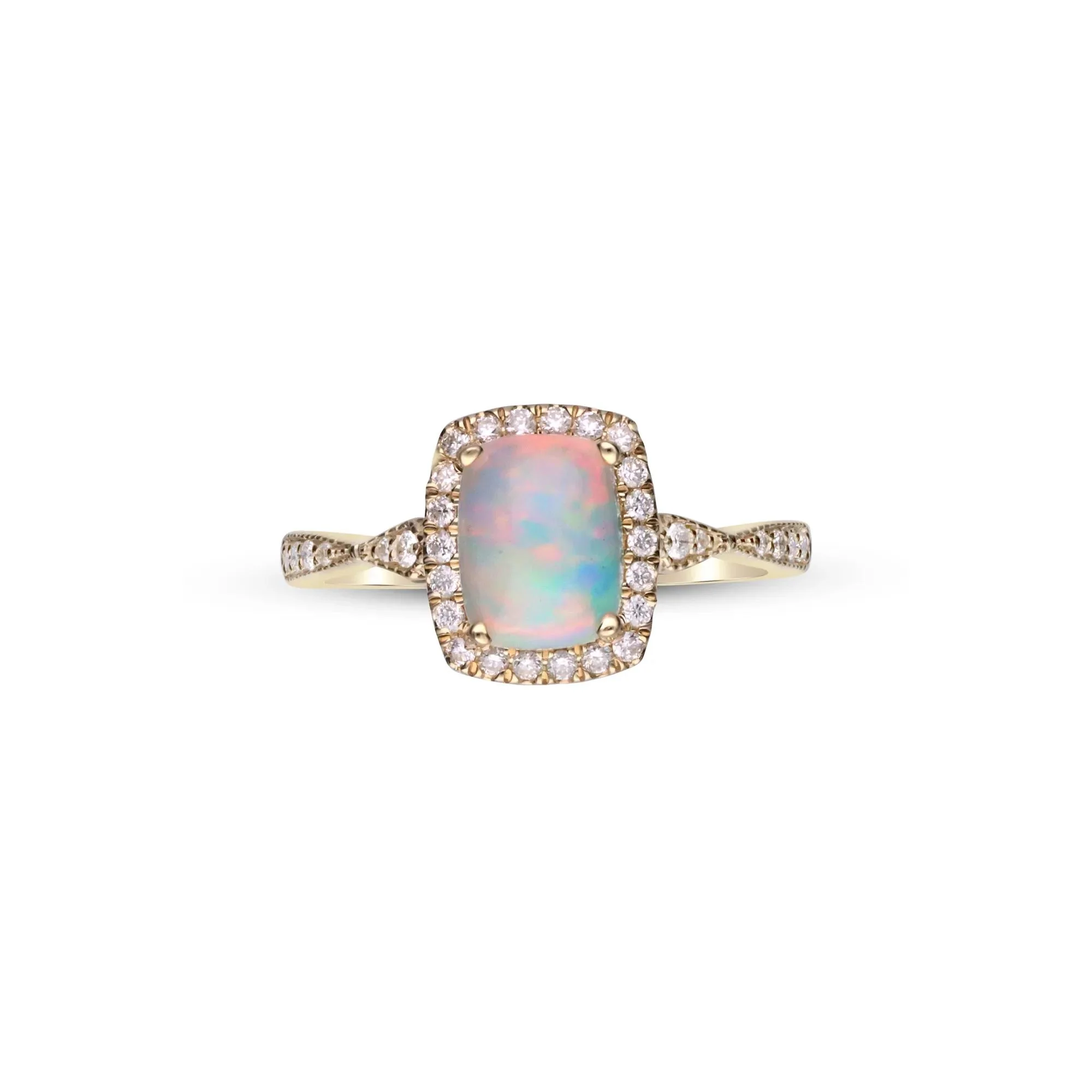 1/5 CT. Tw. Opal and Diamond Ring 10K Yellow Gold Round Brilliant Cut Size 6.5 2mm