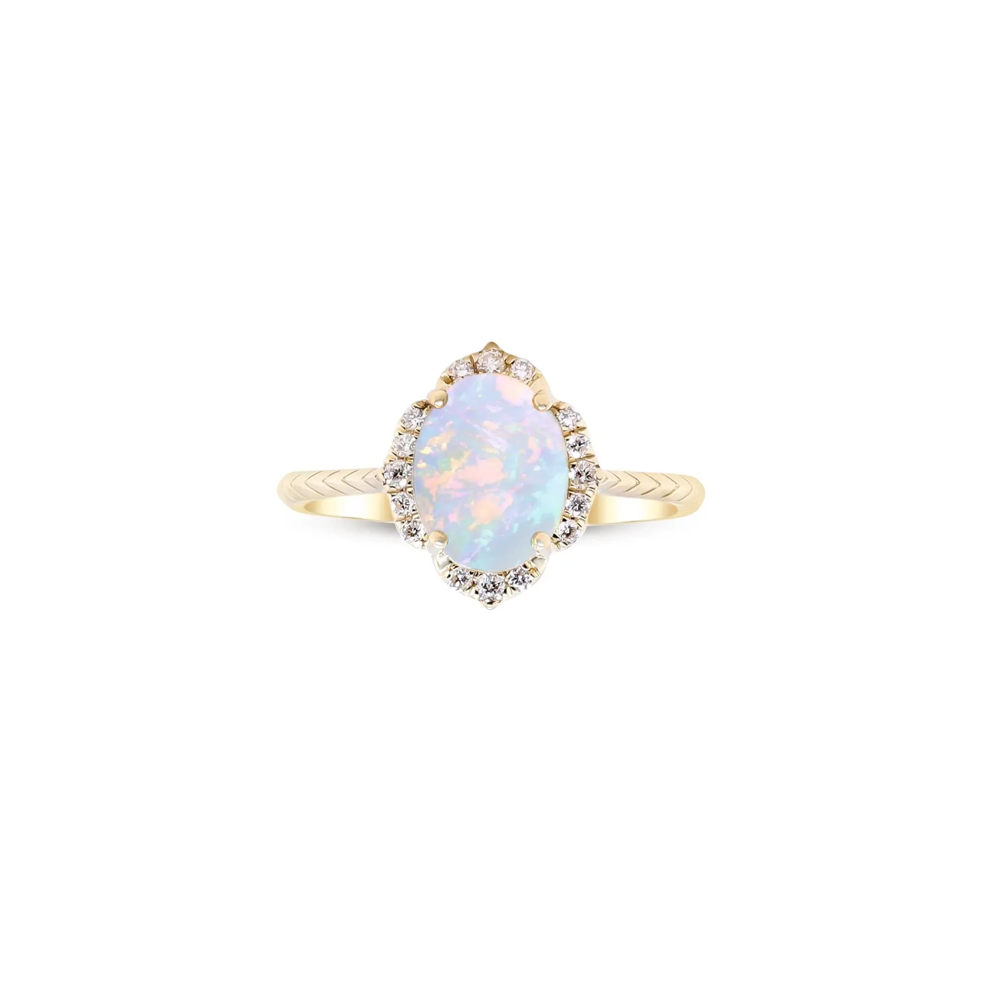 Oval-Shaped Opal and Diamond Ring 10K Yellow Gold Round Brilliant Cut Size 5 2mm