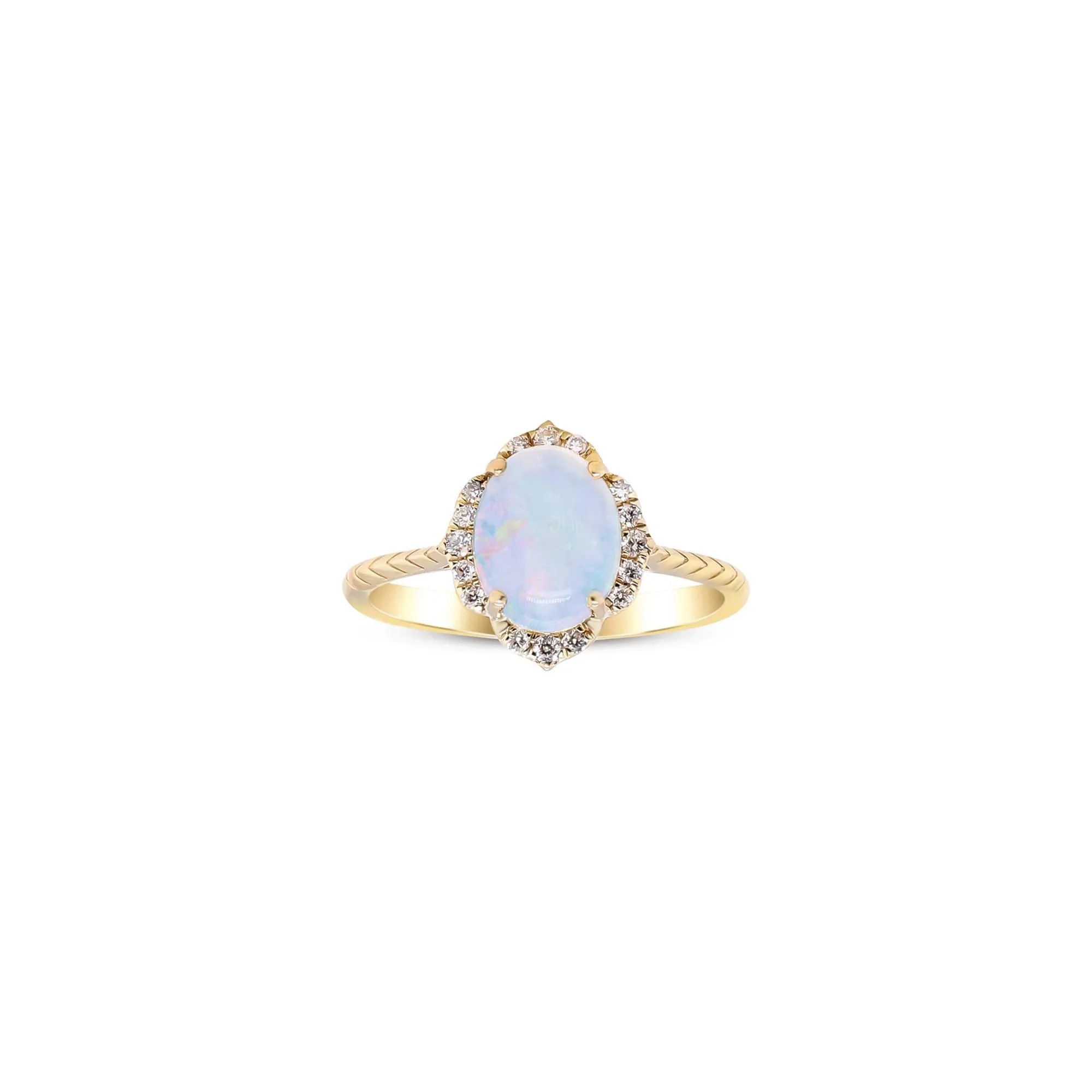 Oval-Shaped Opal and Diamond Ring 10K Yellow Gold Round Brilliant Cut Size 7 2mm - Image 4