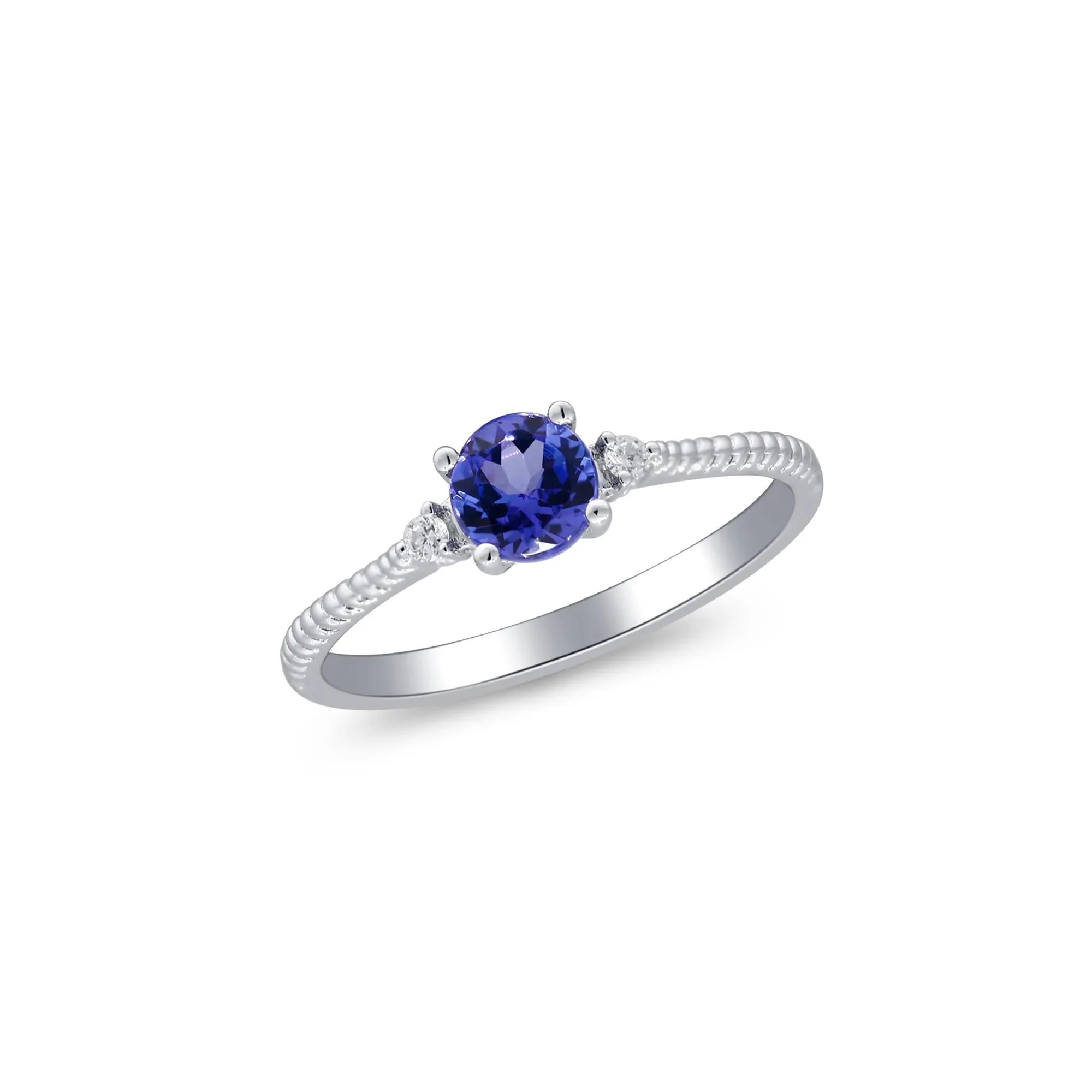 Tanzanite and Diamond Accent Stack Ring 10K White Gold Round Brilliant Cut Size 6.5 2mm - Image 5
