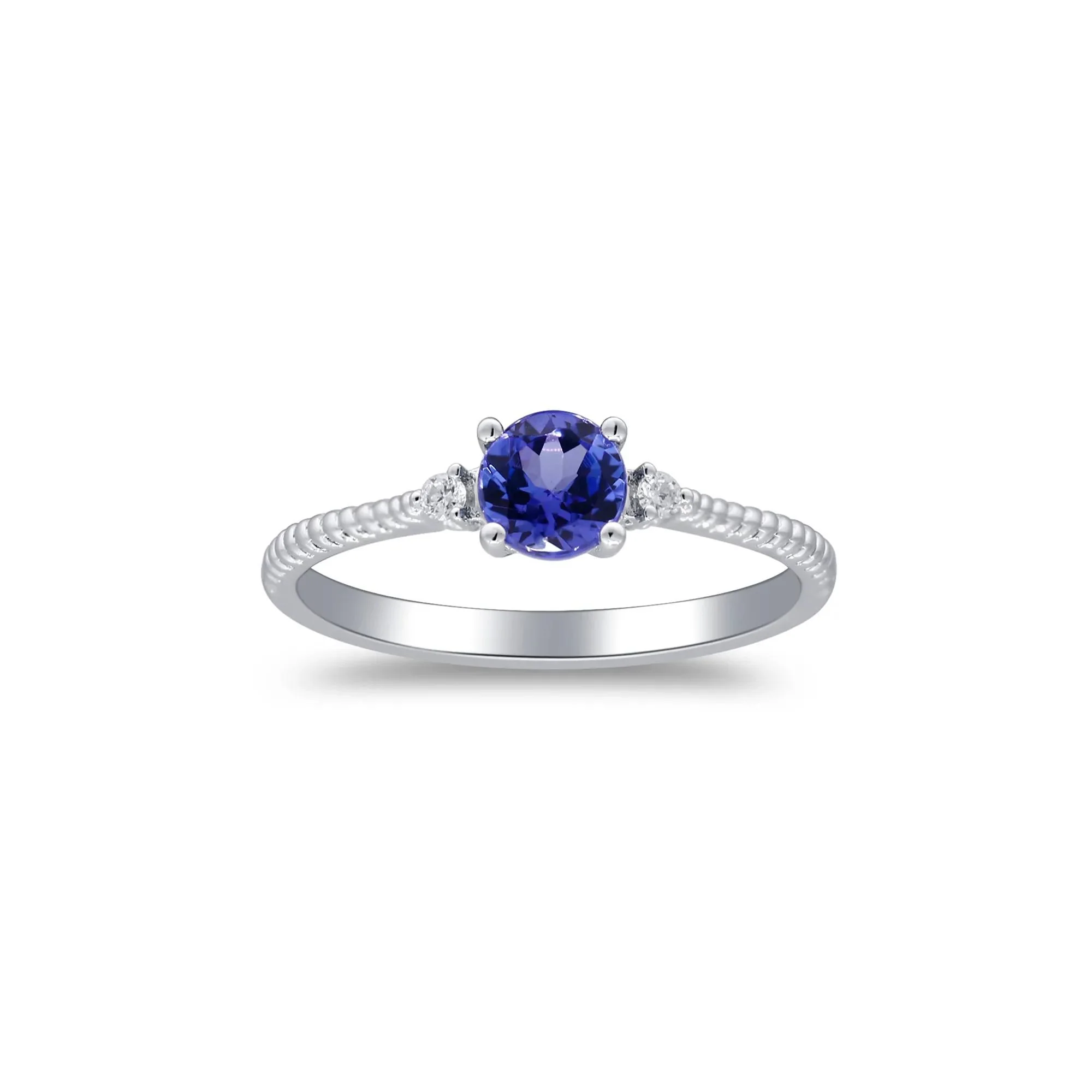Tanzanite and Diamond Accent Stack Ring 10K White Gold Round Brilliant Cut Size 9 2mm - Image 4