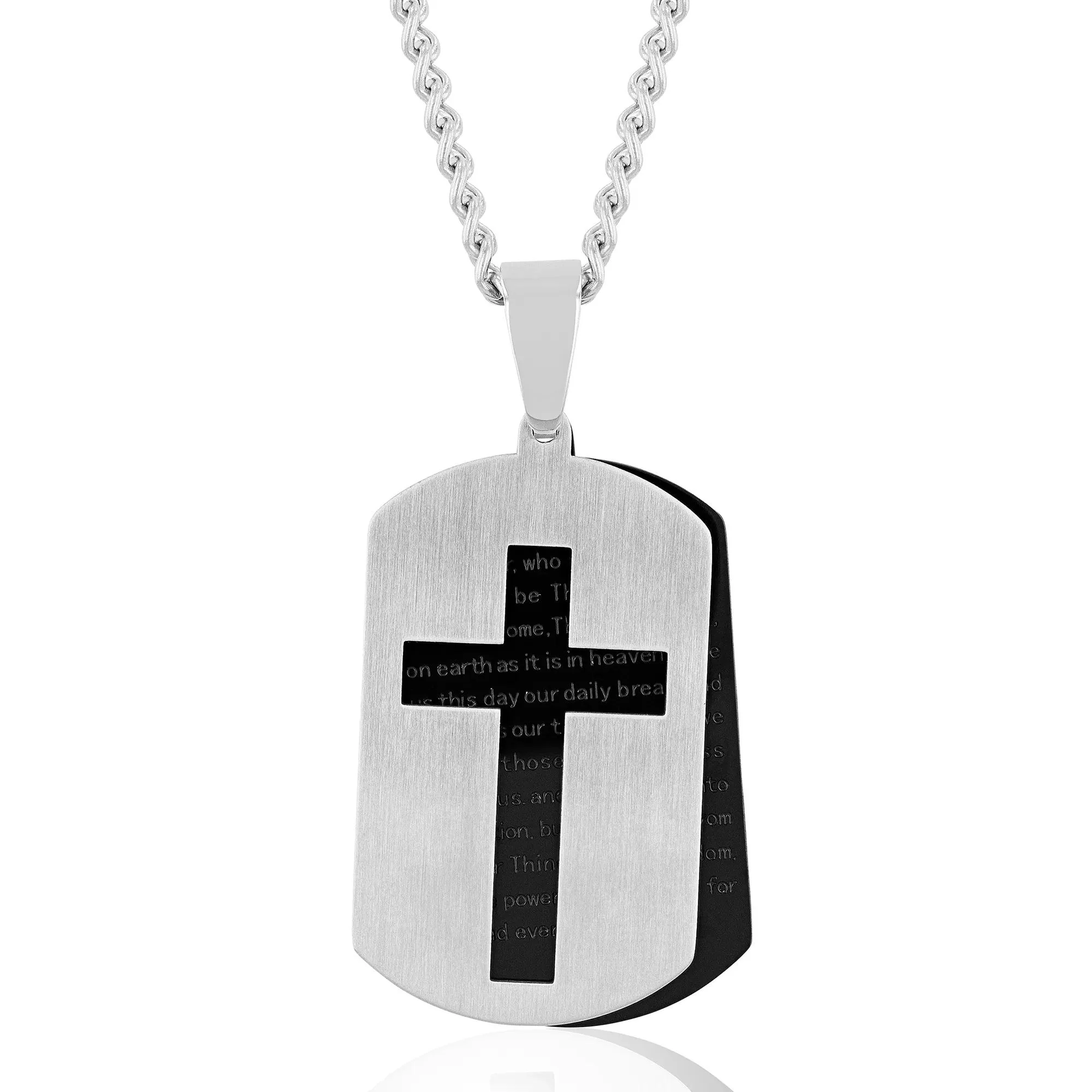 Lord’s Prayer Pendant Necklace .925 Sterling Silver and Stainless Steel Gray Size 24"