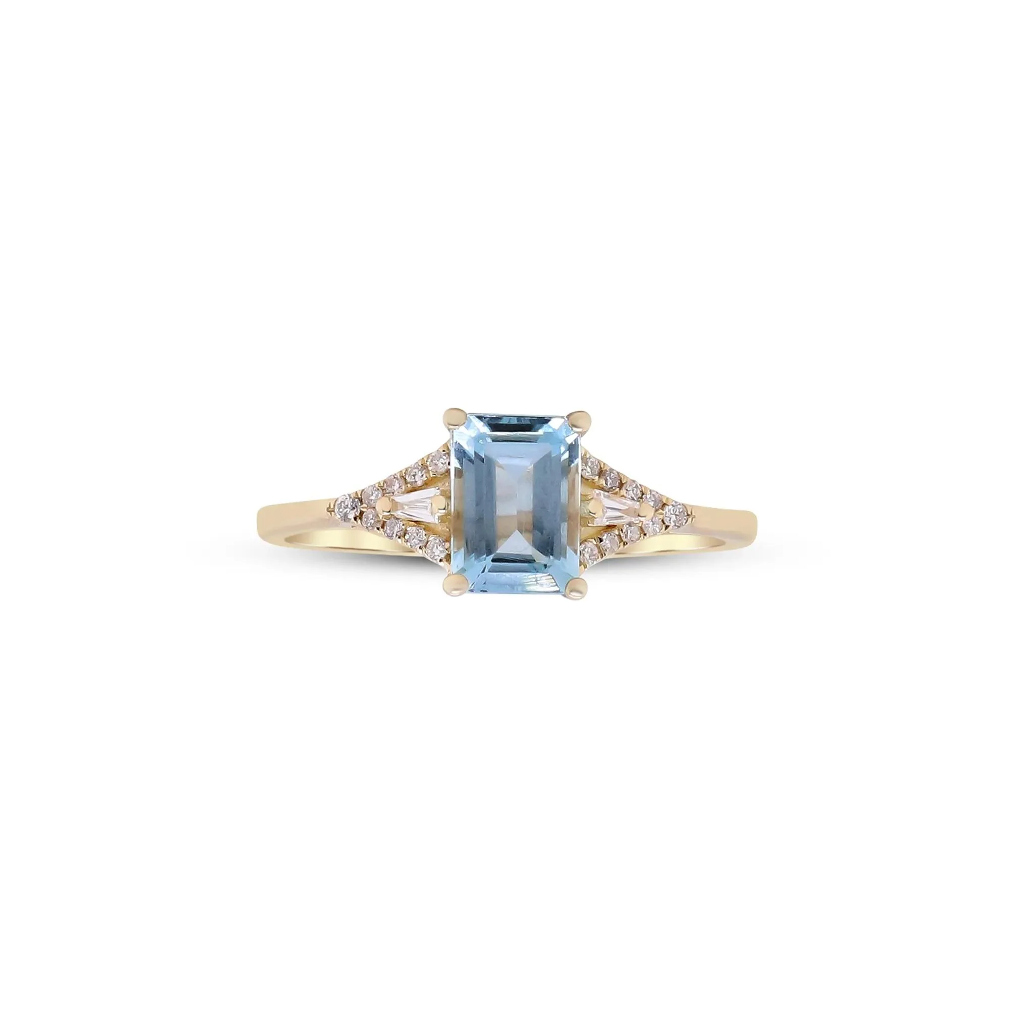 Aquamarine and Diamond Accent Ring 10K Yellow Gold Round Brilliant Cut Size 8 2mm