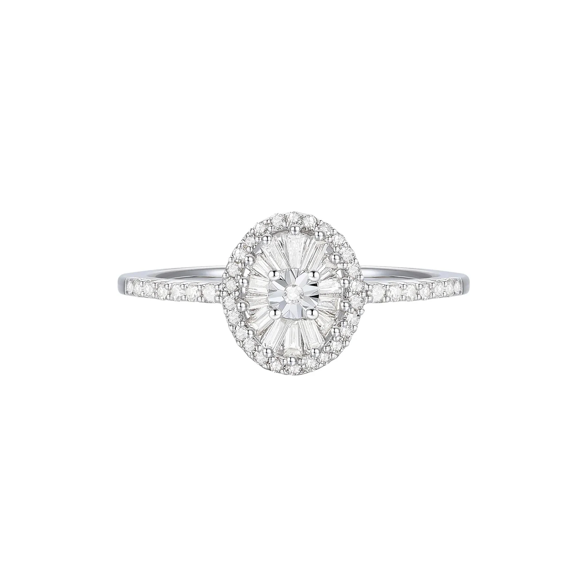 1/3 CT. Tw. Round and Baguette Diamond Halo Promise Ring .925 Sterling Silver White Size 7 1mm